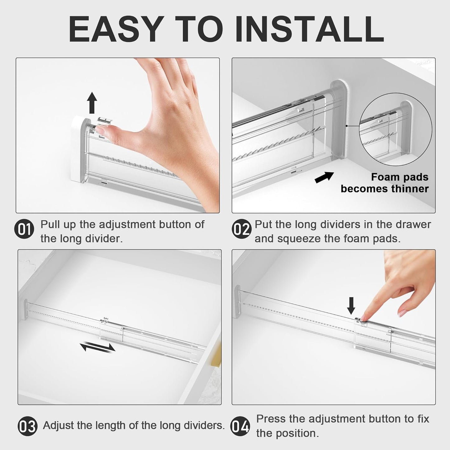 HiYZ Expandable Drawer Dividers - 12.6-22.8'' Adjustable Drawers Organizers for Kitchen Utensils, Drawer Separators in Bedroom, Dresser, Office, Bathroom, Fridge, 5 Pack Long Dividers-Clear