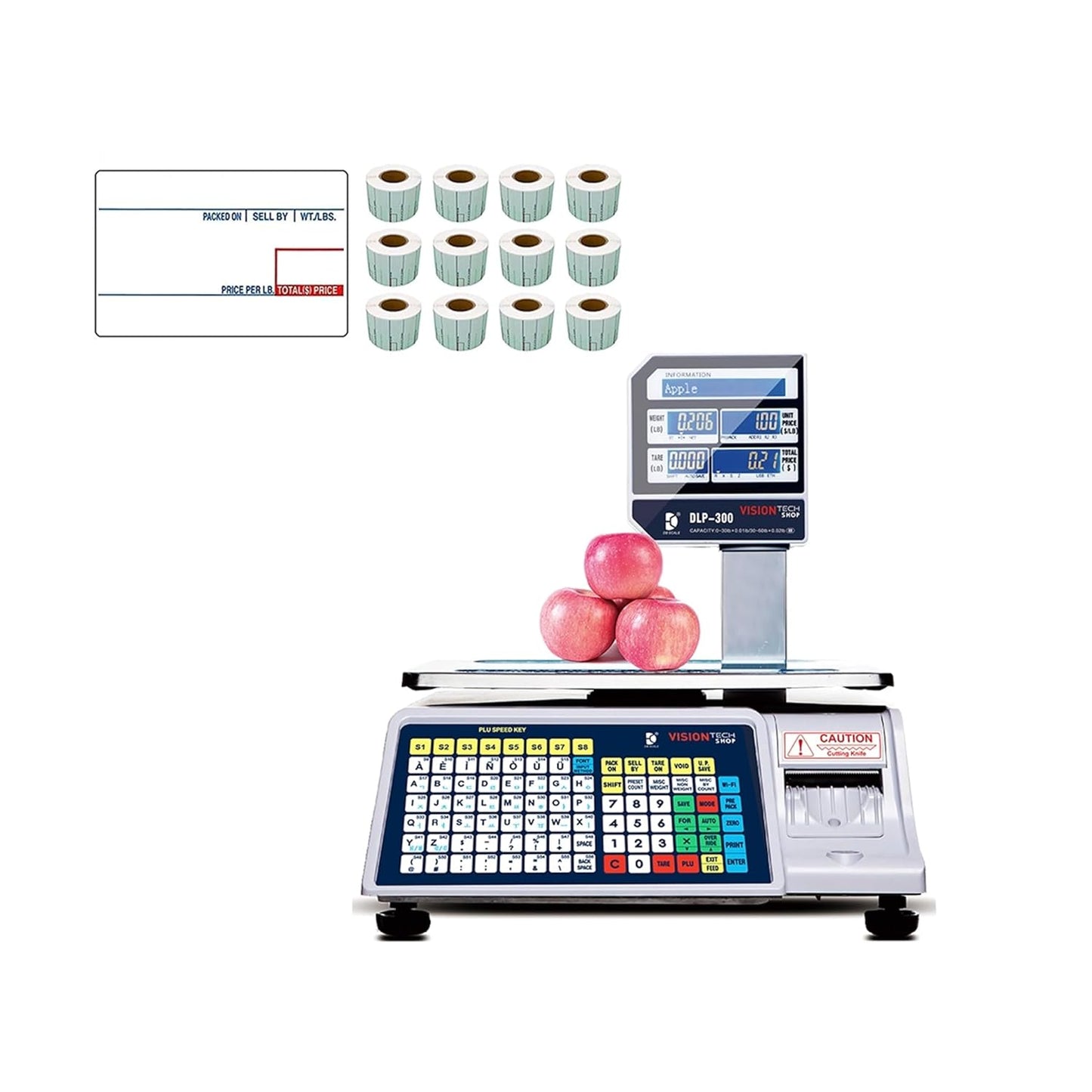 VisionTechShop DLP-300 Label Printing Scale Pole Display, 30/60lbs Capacity, 0.01/0.02lbs, NTEP Legal for Trade with a Free 1 case CAS LST-8010 UPC Label, 58 x 40mm