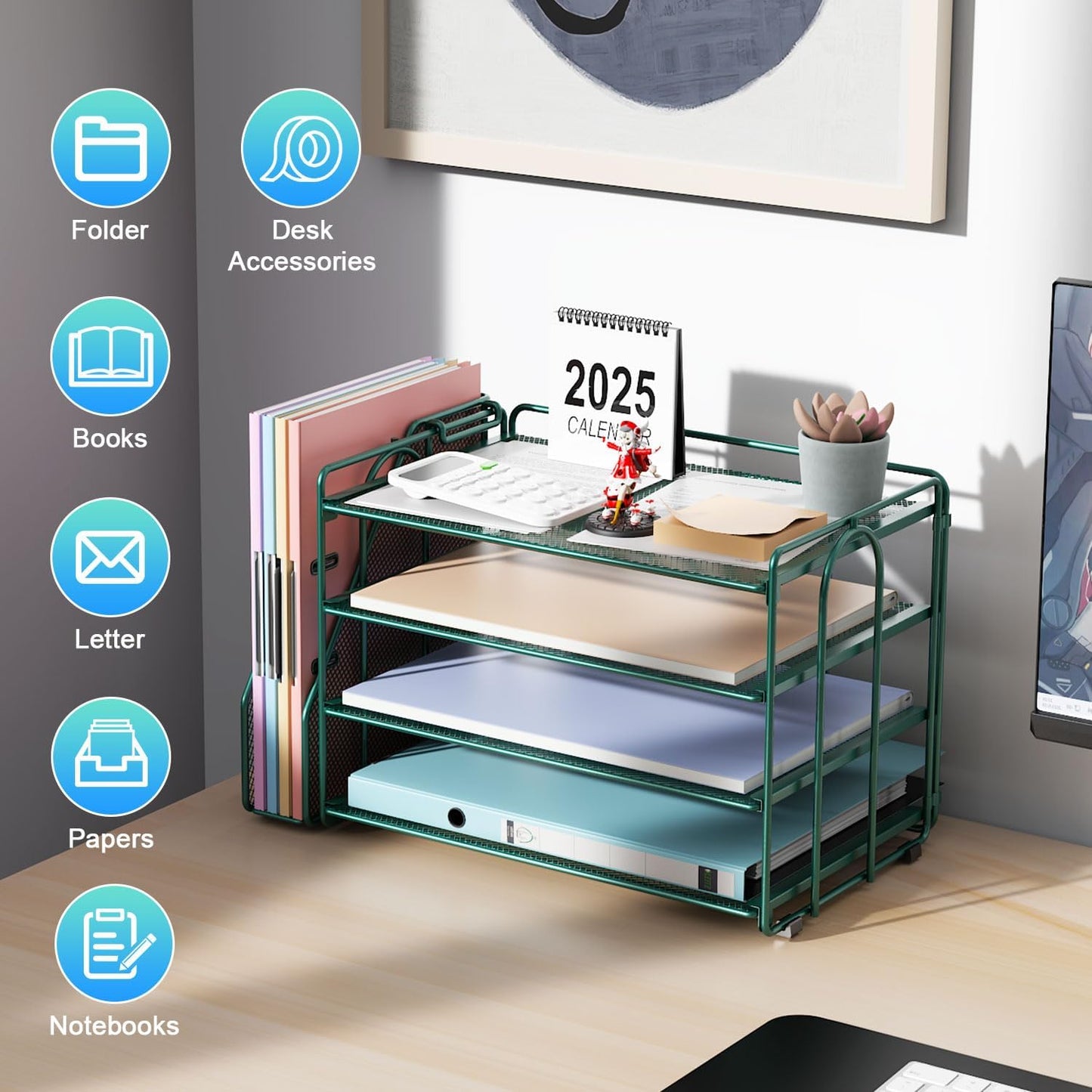 gianotter 4-Tier Paper Organizer With Magazine Holder, Desk Organizers and Accessories, Green Desk Accessories, File Organizer for Office Supplies Storag(Green)