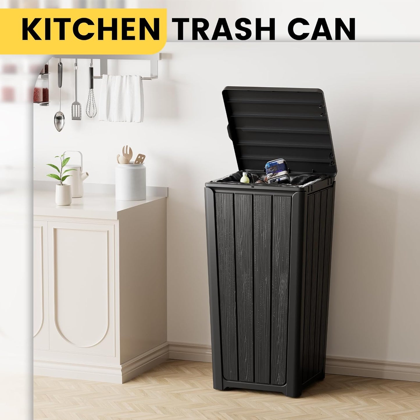 Outdoor Trash Can with Lid, Waterproof Resin Garbage Can with Tiered Lid, Outside Trash Bin for Patio, Kitchen, Backyard or Deck