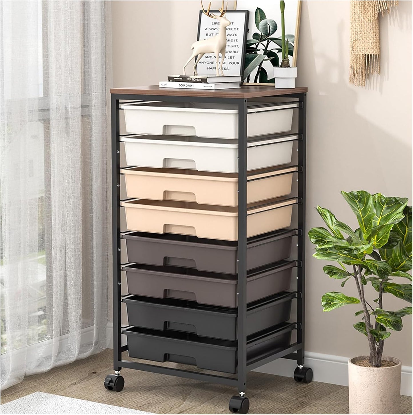 Rolling Carts with Wheels,Utility Cart with 8 Drawers and Wooden Tabletop,Rolling Drawer Cart,Plastic Drawer Storage for Living Room,Classroom,Bedroom,Bathroom,Dorm,Office,Brown