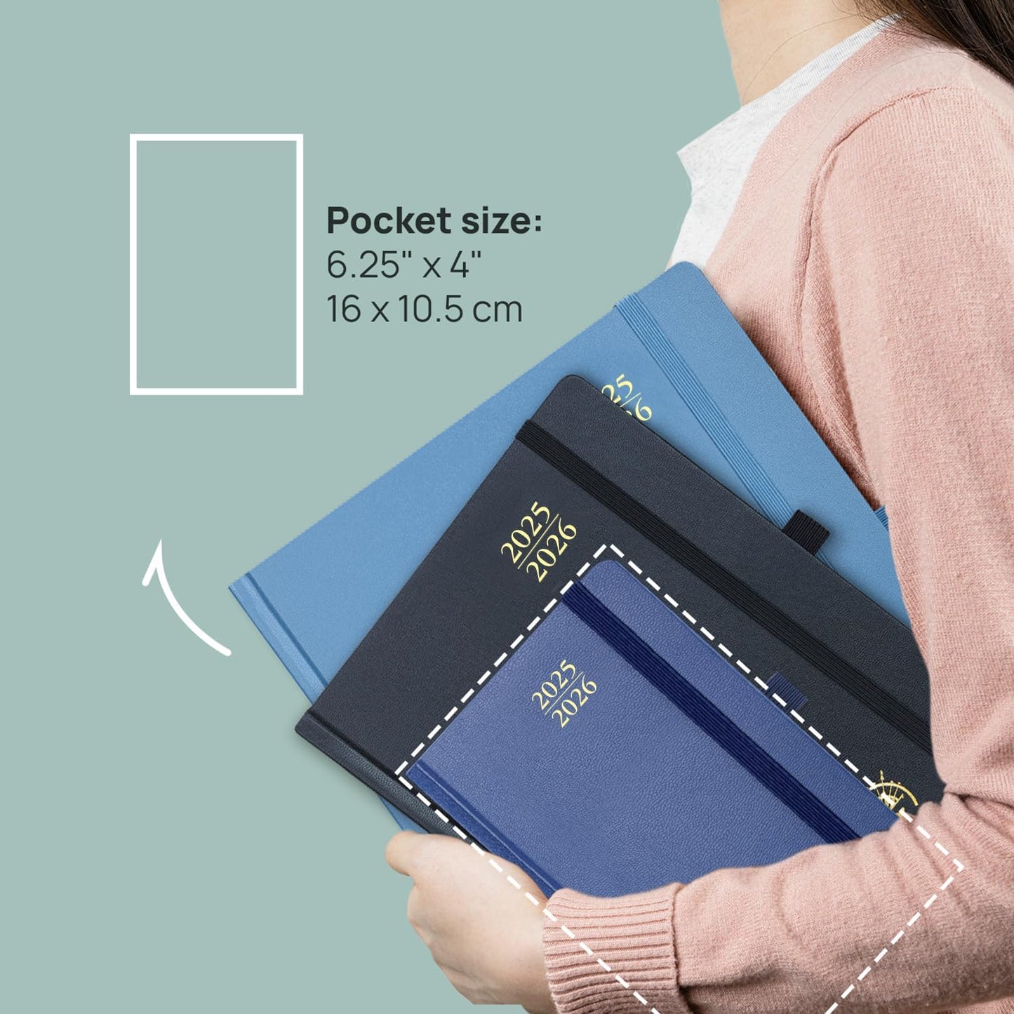 POPRUN Pocket Planner 2025-2026, (Purse Size 4''x 6.25'' Hard Cover) Academic Year Calendar Daily Weekly and Monthly (July 25-June 26) with Hourly Time Slots, 100 GSM Paper - Black