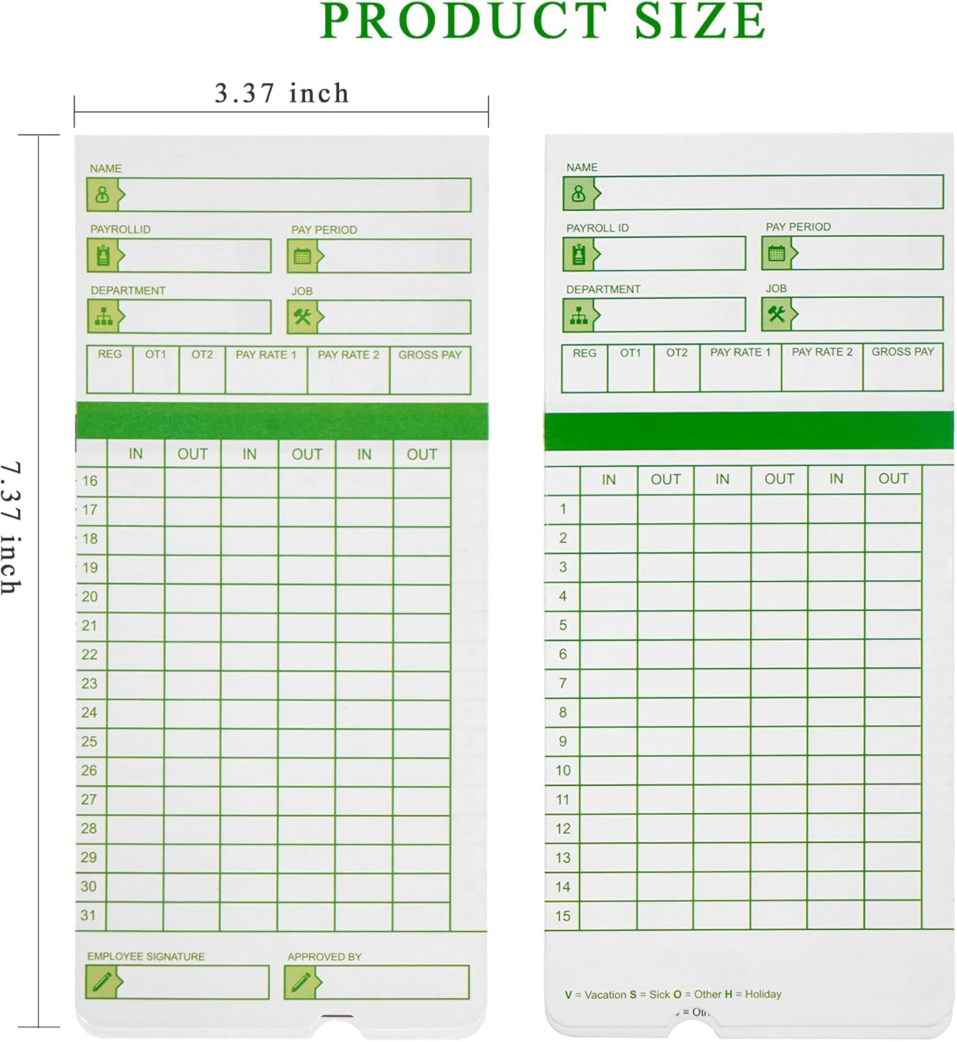 Zzrywuty All Pay Periods, 50 Count Time Cards for Hn3000, 2-Sided, 3 3/8" x 7 3/8", Green