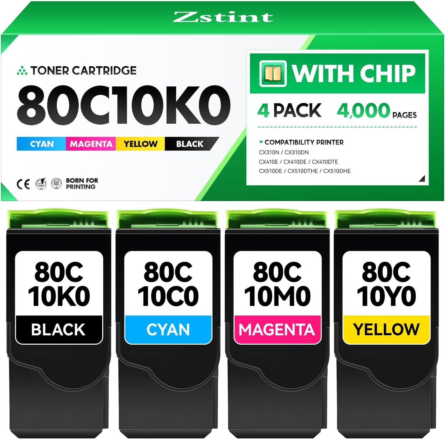 80C10K0 80C10C0 80C10M0 80C10Y0 Toner Cartridge Set 4-Pack Replacement Compatible with Lexmark CX310N CX310DN CX410E CX410DE CX410DTE CX510DE CX510DTHE CX510DHE Printer Ink Black Cyan Magenta Yellow