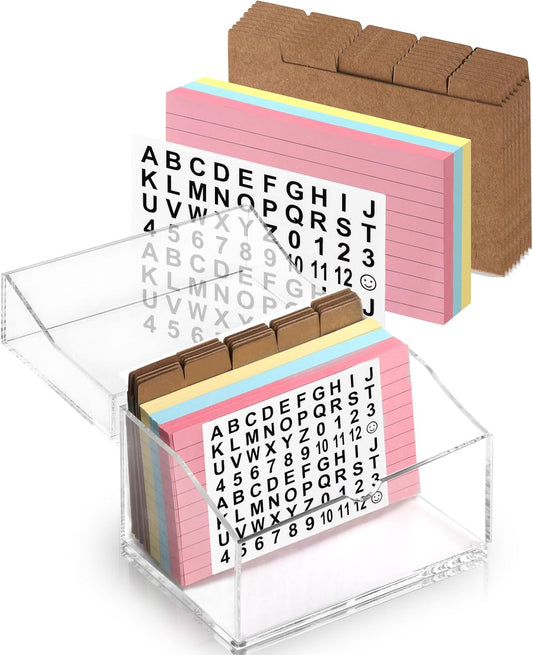 3 x 5 Inch Acrylic Index Card Holder Clear Flash Card Holder Recipe Card Box 150 Pcs Ruled Lined Index Cards 30 Pcs Kraft Dividers A to Z Stickers For Holds 400 A-Z Tabs Note Cards Business Cards