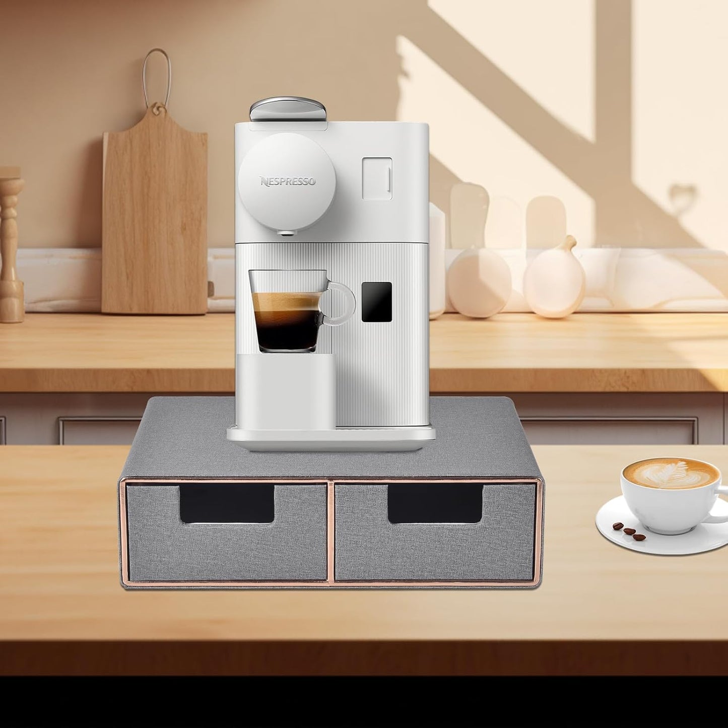 Linen Leather Desk Organizer with Drawers－Mini Desktop Drawer Organizer Stackable－Multifunctional Tabletop Organization Storage Box for Office Supplies Home Vanity Toiletries (Grey, 2-drawers)