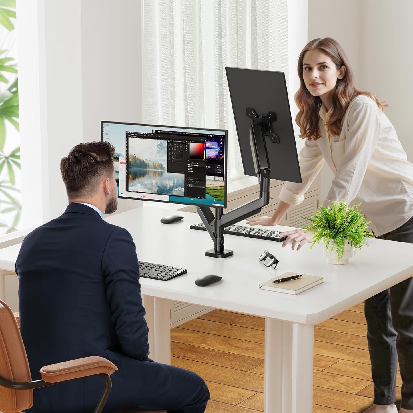 Simple Trending Dual Monitor Stand, Full Adjustable Monitor Mount, Gas Spring Monitors Arm for 13-32 inch Computer, VESA Mount with C-clamp & Grommet Mounting Holds Max 20 lbs Each, Freelift Black