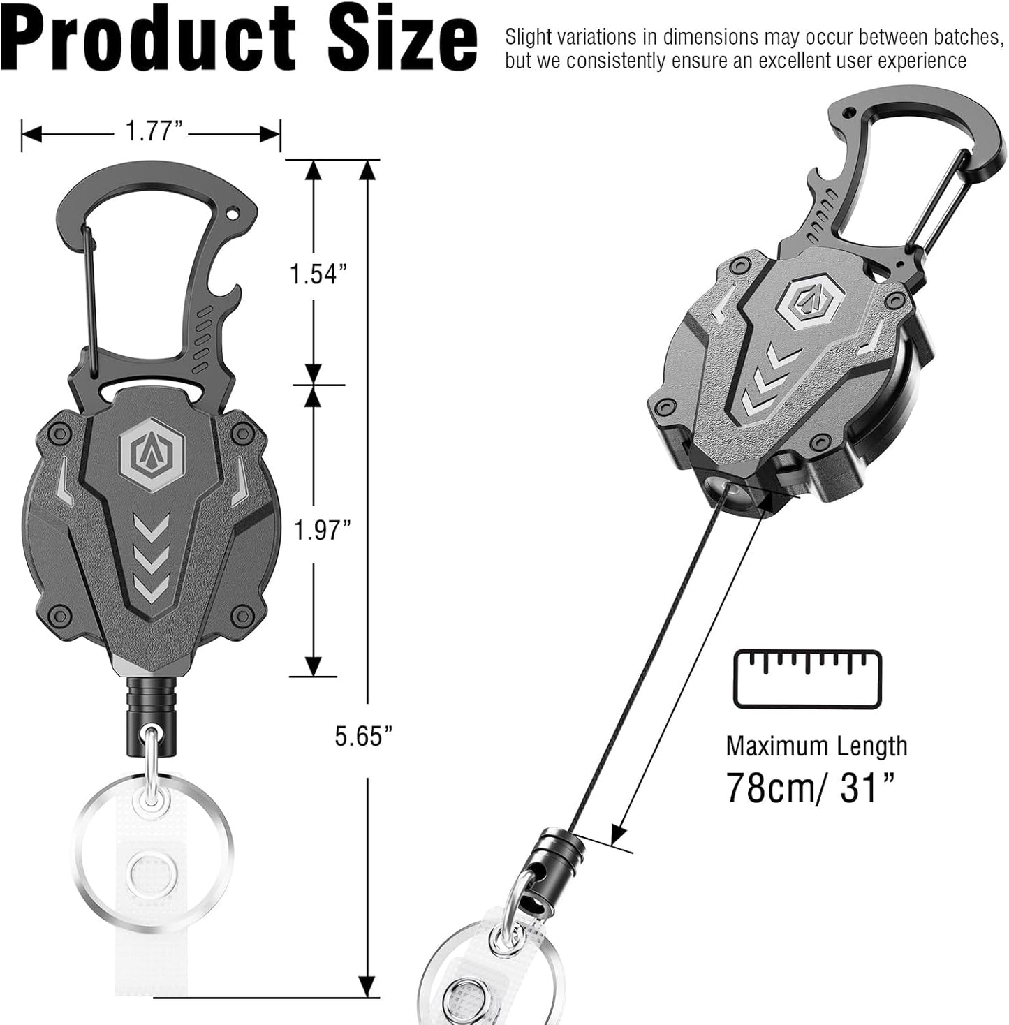 2Pack Heavy Duty Retractable Keychain, Tactical ID Badge Holder Reel Carabiner Clip with Magnetic Closure for Men, Unbreakable Sandwich Construction with 31" Dyneema Cord, Bearing 25oz