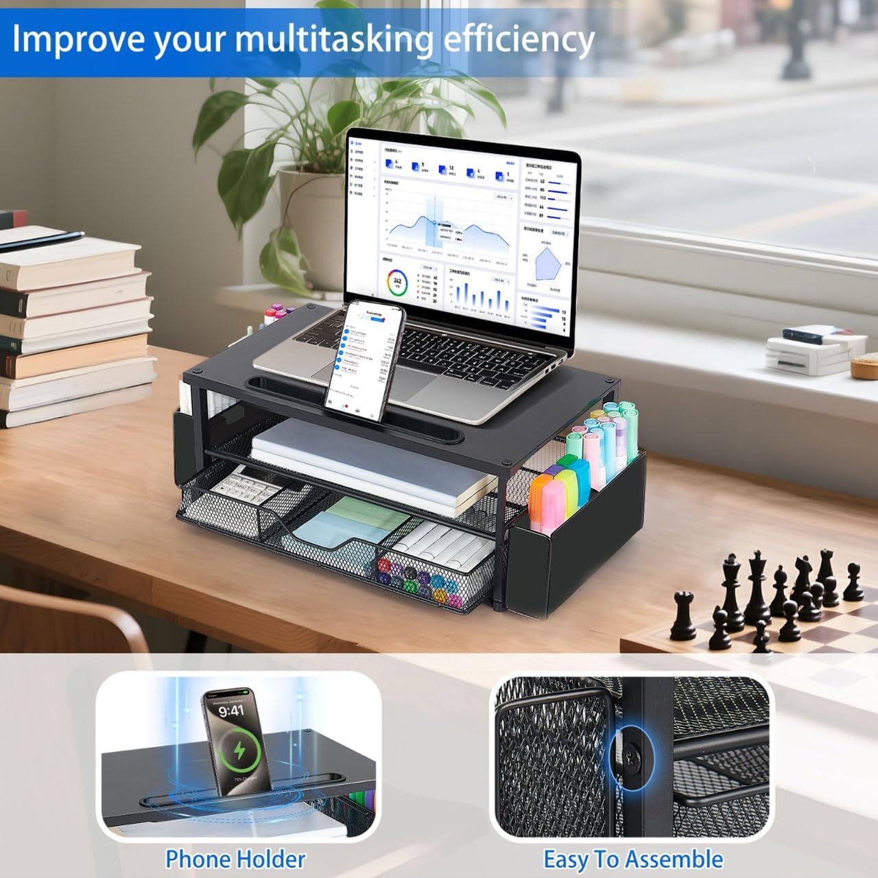 AUPSEN Wood Computer Monitor Stand Riser, 2-Tier Black Desk Organizer with Drawer, Pen Storage & Phone Holder ，Office Desk Accessories Desktop Organizer for Office Supplies