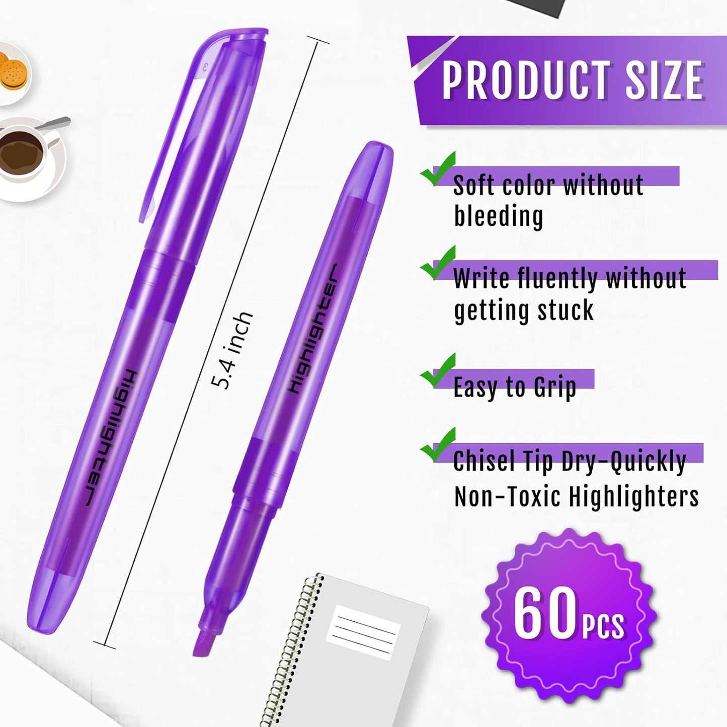 Fuutreo 60 Pack Pastel Highlighters Bulk Bright Color Highlighter Marker Chisel Tip Dry Quickly Safe Highlighter Pens Fluorescent Ink for Adults Home School Office(Purple)