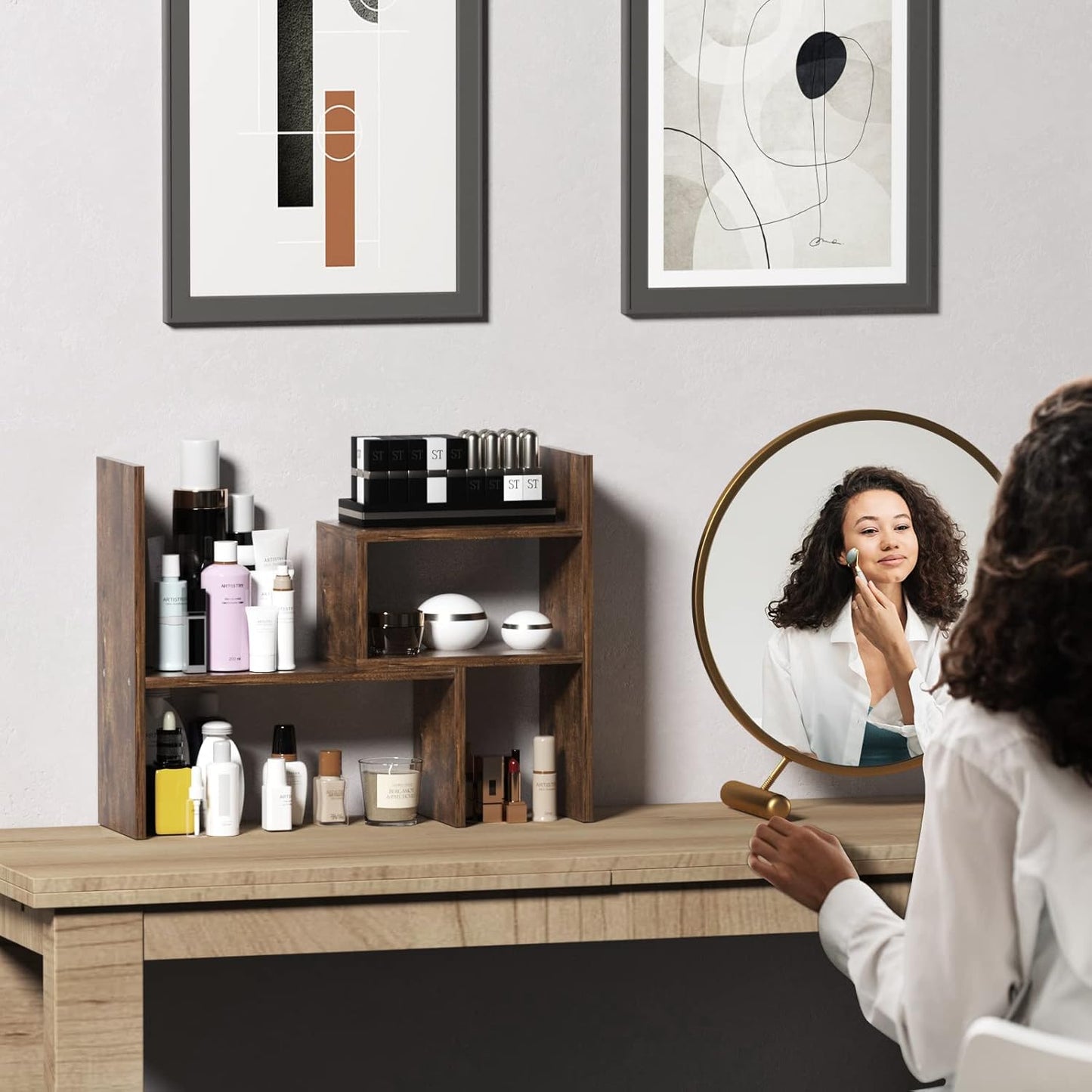 TY ARTS & CULTURE - Expandable Wood Desktop Storage Organizer Multipurpose Desk Bookshelf Display Shelf Rack Counter Top Bookcase for Office Home | Natural Brown