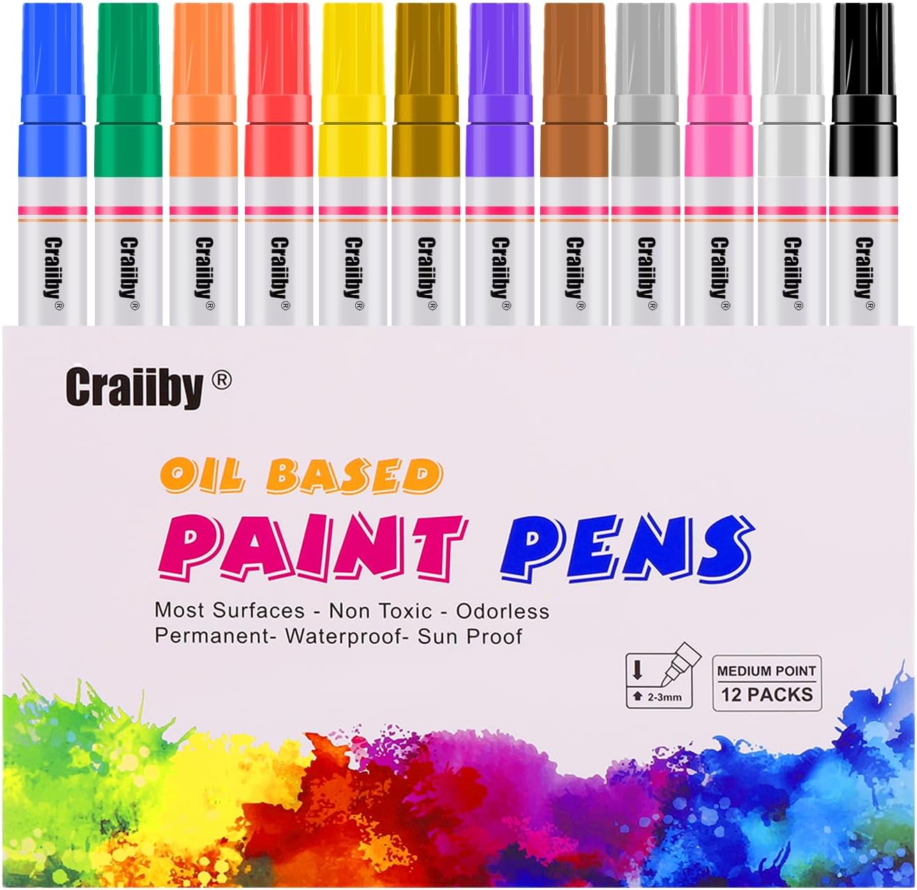 Paint Markers, 12 Pack Oil-Based Waterproof Quick Dry Permanent Paint Pen Set for Rocks Painting, Wood, Fabric, Plastic, Canvas, Glass, Mugs, Metal, Tire, Stone, DIY Craft