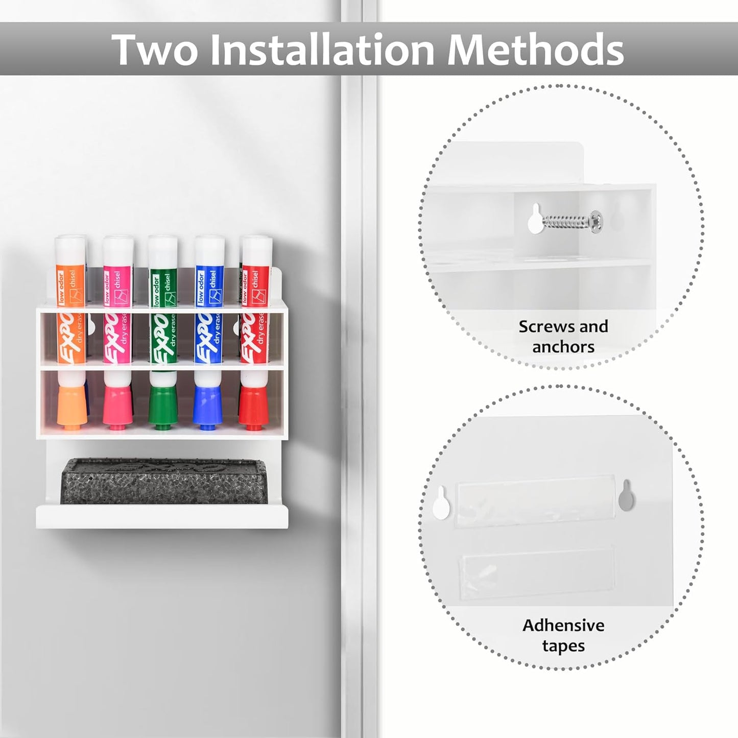 Dry Erase Marker Holder, 2 PCS Wall Mounted Acrylic Marker Holder with 10 Slots, Sticky Pen Storage for Classroom Organization, Whiteboard, Office, White