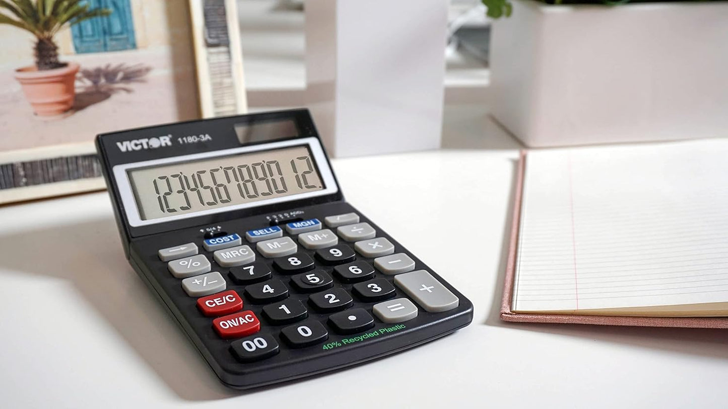 Victor 1180-3A 12-Digit Standard Function Calculator, Battery and Solar Hybrid Powered Adjustable Angle LCD Display, Great For Home and Office Desks, Black