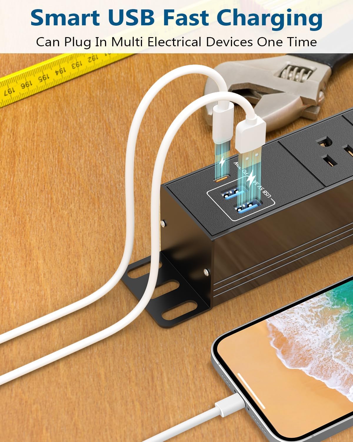 8 Outlet Heavy Duty Power Strip with USB PD 20W, BTU Surge Protector 6FT Cord Long Power Strip with USB A & USB C, Wide Spaced and Wall Mount Metal Powerstrip for Home Office Garage Workshop