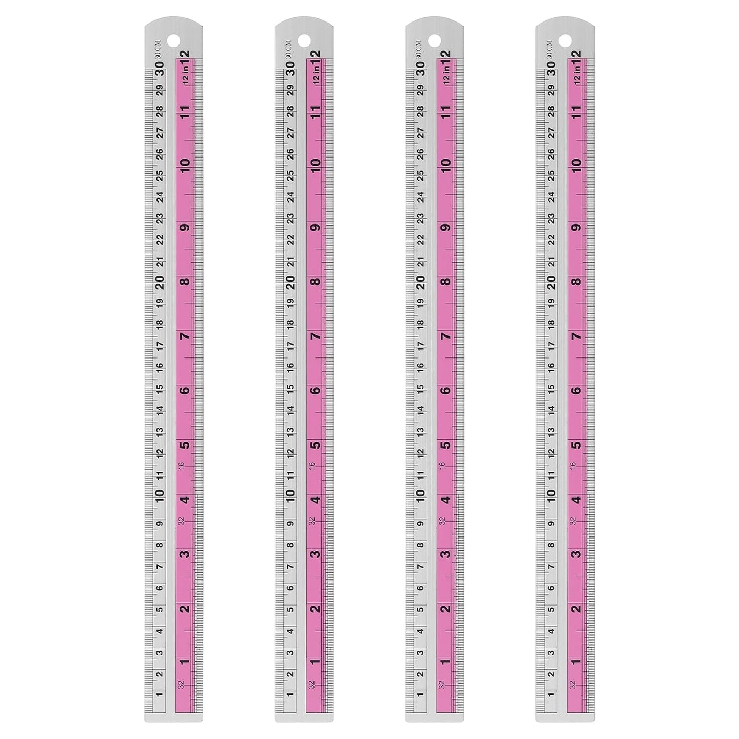 HARFINGTON 4pcs Metal Straight Ruler 30cm Metric SAE Aluminum Alloy Measuring Rulers Scale Tools with Hole for Measure Study Reading Classroom Office, Pink