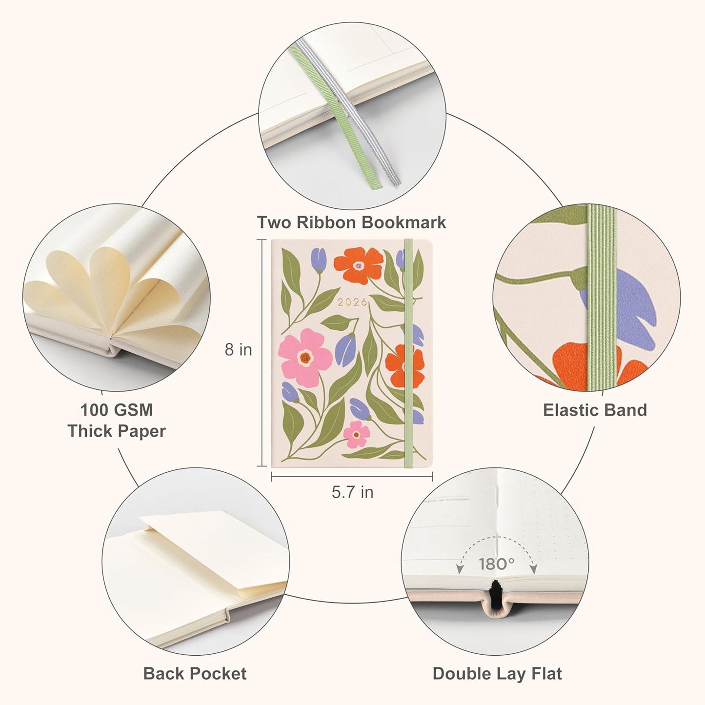 And Per Se 2026 Planner with Pattern-Daily, Weekly & 15-Monthly Leather Hardcover Planner, 5.7" x 8", Daily Schedule, Monthly Tabs, 100 GSM Thick Paper, Back Pocket(Botanical Floral)