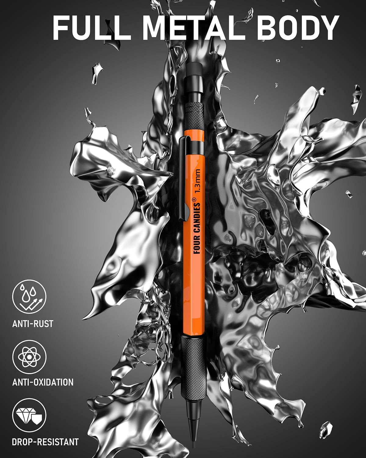 Four Candies 1.3mm Mechanical Pencil Set with 24 Lead Refills, Metal Weatherproof Heavy Duty Outdoor Carpenter Pencil, Eraser, 6 Eraser Refills for Architect Drafting Woodworking Marking with Case