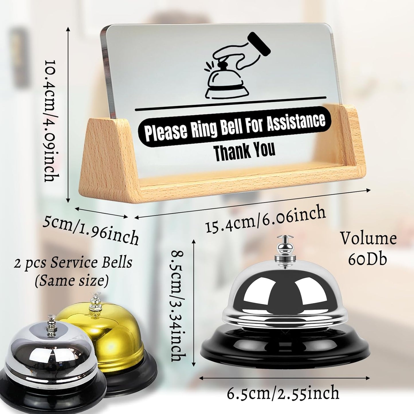 Desk Call Bell /2pcs Service Bells （Gold and Silver）/with Please Ring Bell for Assistance Sign/Suitable for Front Desk Reception in Shops, Offices, Warehouses, and Small Hospitals.