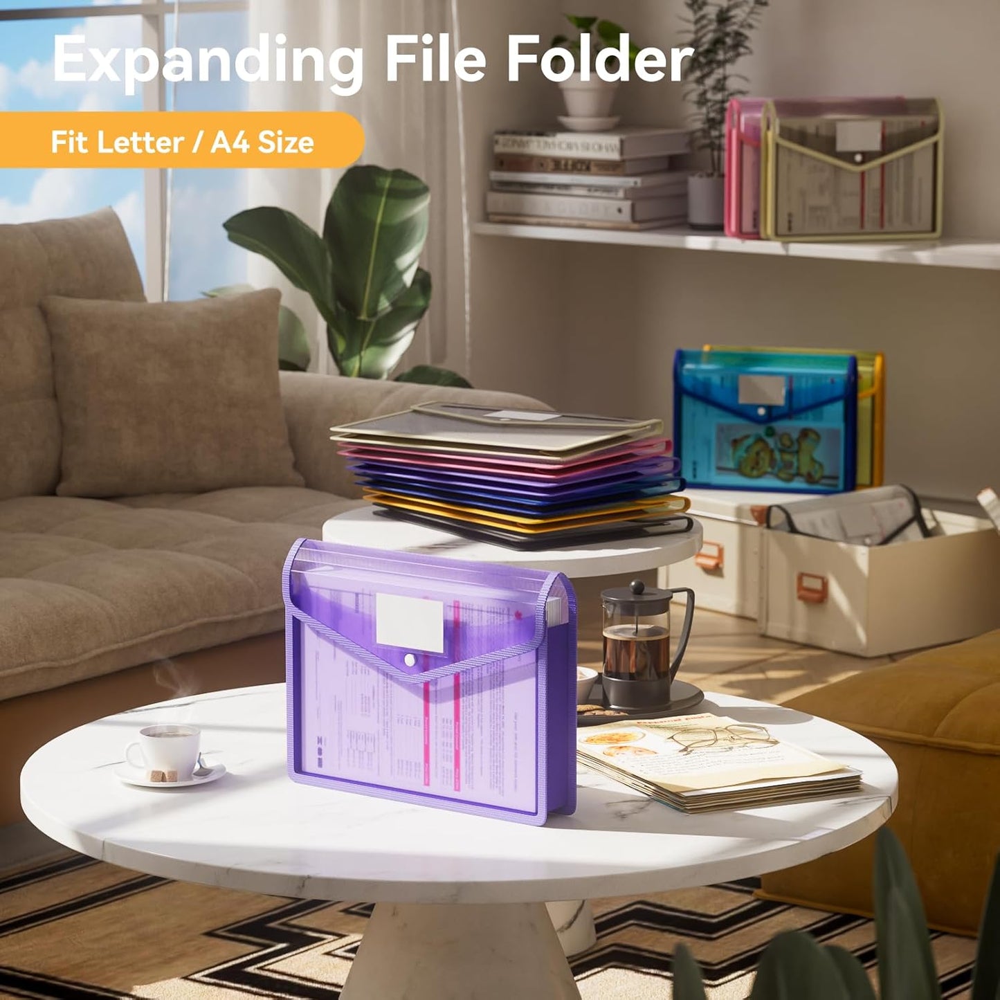 ABC life 6 Pack Plastic Expanding File Folder, Transparent Envelopes with Snap Closure, No Dividers, Large Capacity, Assorted Colors, Large Capacity, Fit Letter/A4 Size - Mutilcolor 03