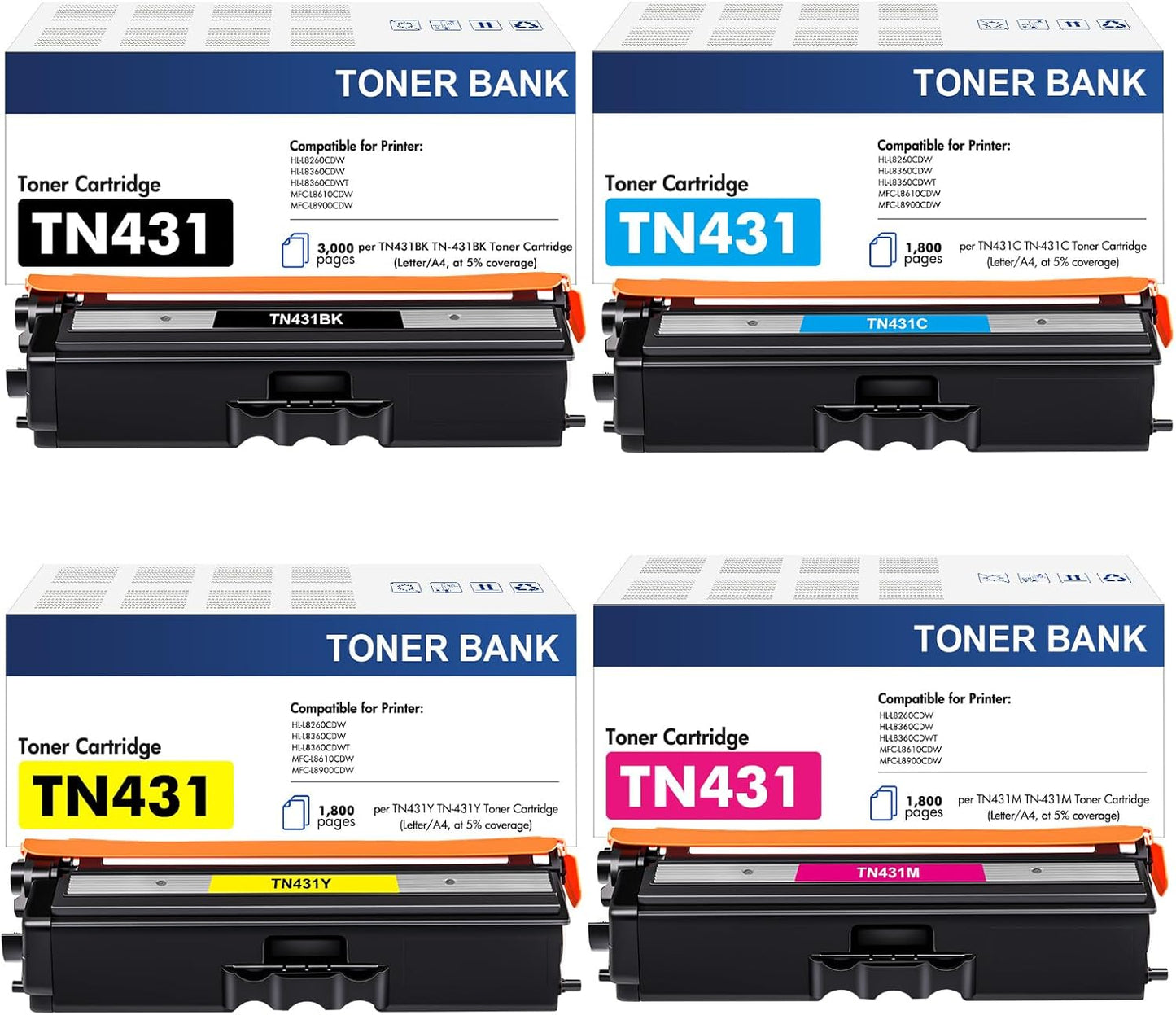 TN-431 TN431 4-Color Toner Cartridge Set 4 Pack Compatible for Brother TN431 TN 431 TN-431 TN431BK for Brother MFC-L8900CDW HLL8360CDW HLL8260CDW MFCL8610CDW HLL8360CDWT Printer Ink (BCYM)