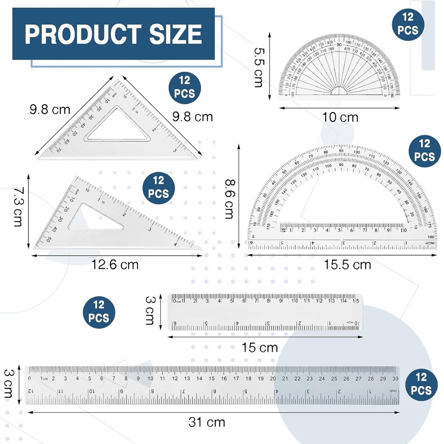 Tenare 72 Pcs Plastic Clear Math Set Includes Protractor Triangle Rulers 12 Inch 6 Inch Straight Geometry Math Transparent Ruler Measuring Tool for School Office Home Supplies