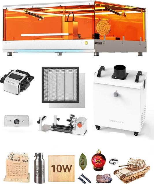 TOOCAA 10W Laser Cutter and Engraver Machine with 5 in 1 Rotary Roller Set,Fume Extractor,Smart Camera,Air Assist,Honeycomb Panel,Lazer Engraving Machines for Tumblers Wood Metal Acrylic Leather