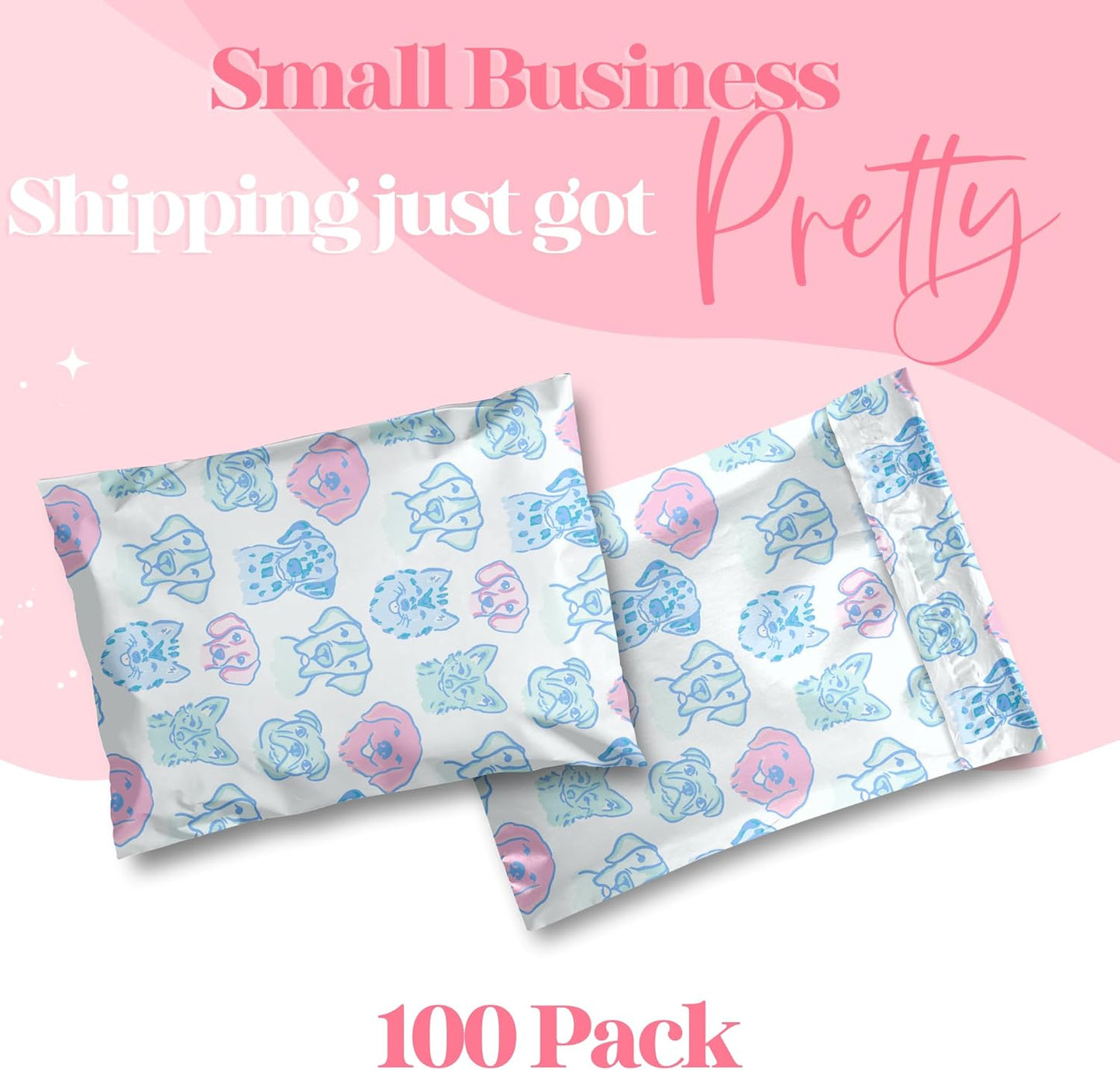 6x9 Designer Poly Mailer 100 Pack Heavy Duty Waterproof Self Seal Shipping Bags for Small Business Large Mailing Envelopes Bulk Tear Resistant Packaging Pretty Pups Puppy Dogs