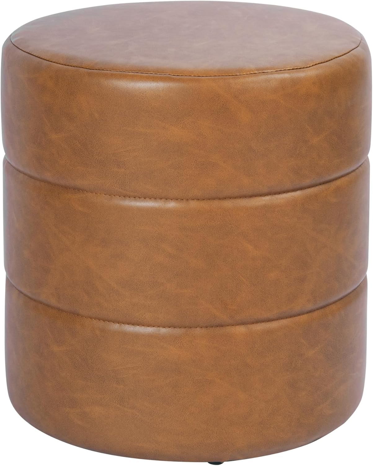 HomePop Upholstered Faux Leather Round Ottoman Home Décor|Foot Rest Ottoman- Carmel Brown