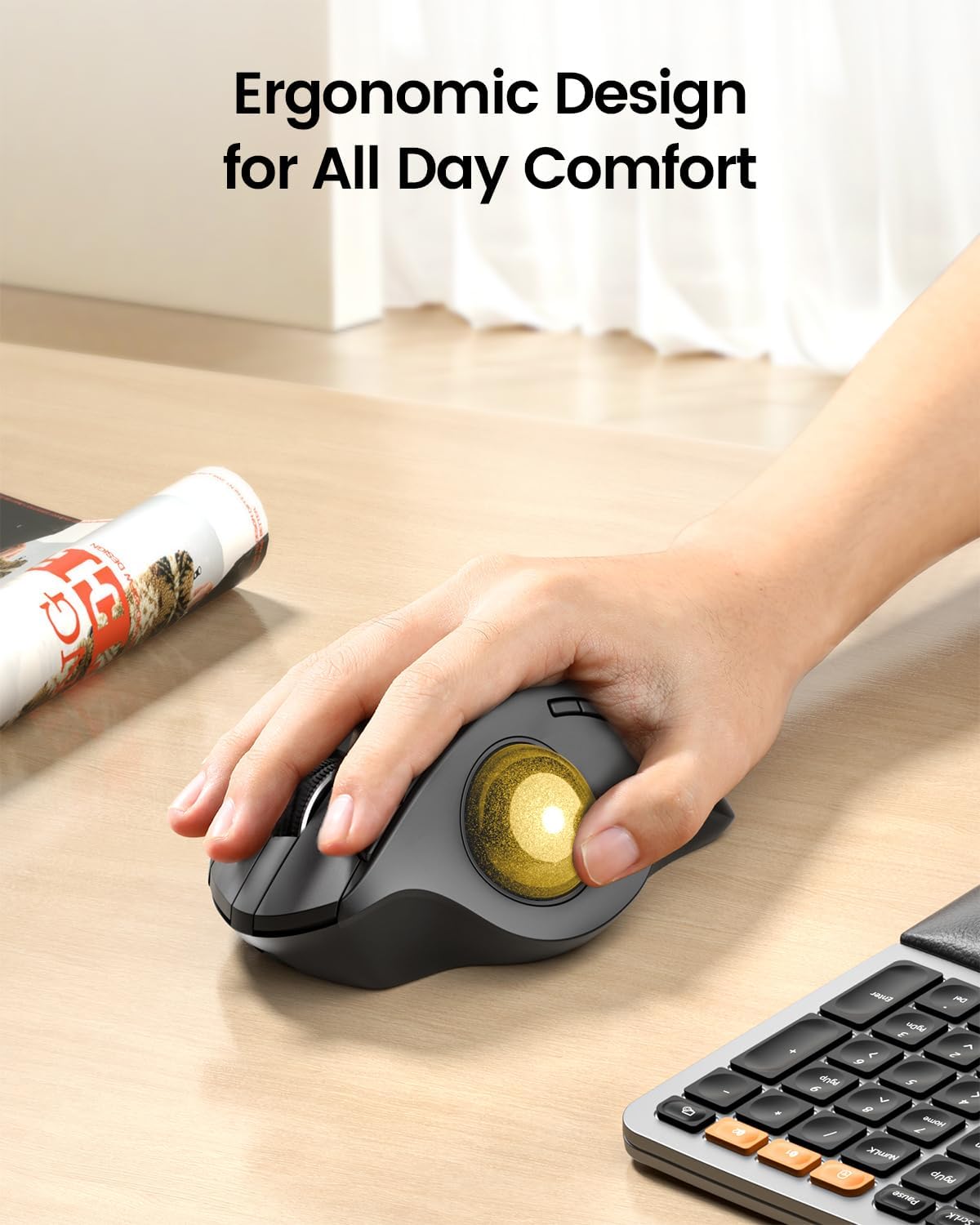 ProtoArc Wireless Trackball Mouse, EM01 NL Ergonomic Bluetooth Rollerball Thumb Rechargeable Computer Laptop Mouse, Adjustable Angle & 3 Device Connection for PC, Mac, Windows-Gold Ball