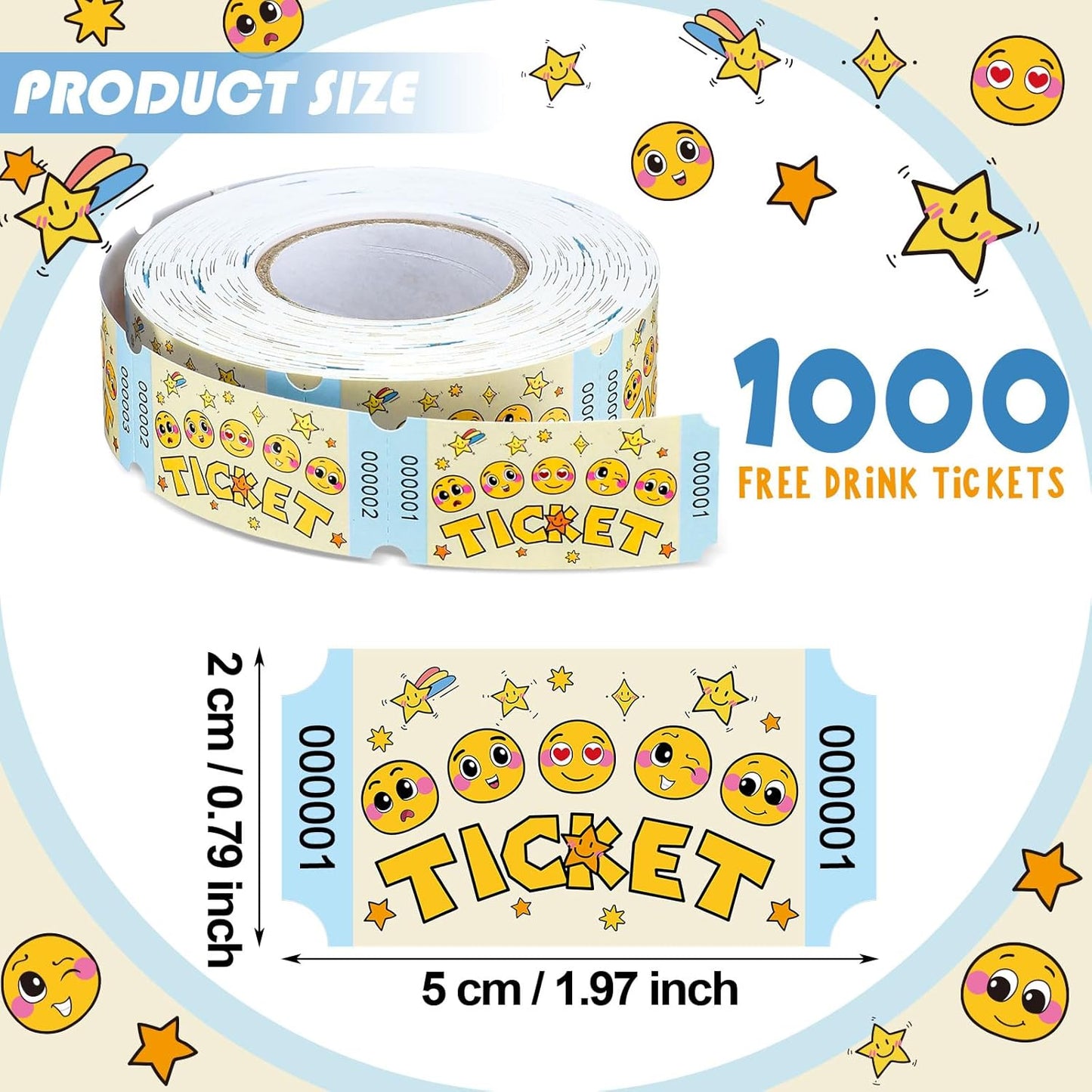 TaoBary 2 Rolls 1000 Pcs Raffle Tickets Single Roll Cartoon Smile Face Raffle Tickets for Events Wedding and Parties (Cartoon)
