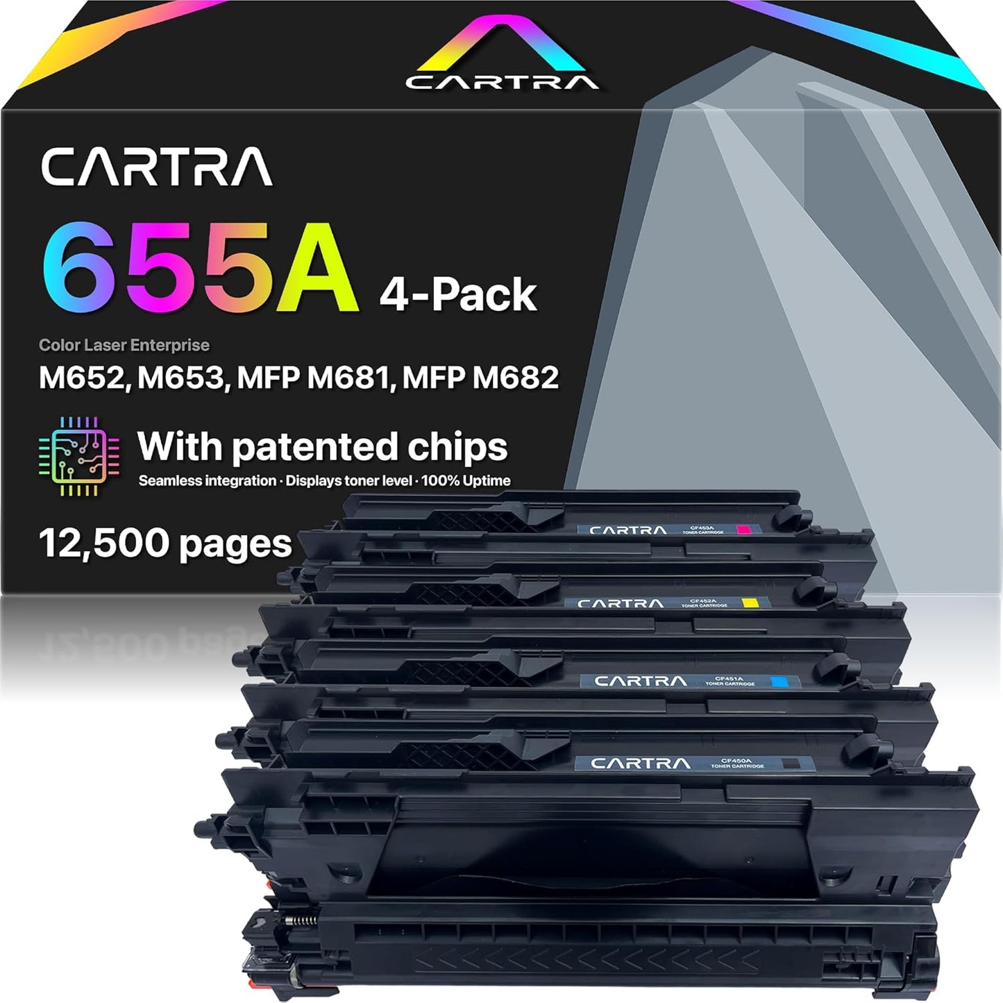 CARTRA 655A 4 Pack Toner Cartridge Replacement CF450A CF451A CF452A CF453A for HP Color Laserjet Enterprise M652n M652 M53dn M653x M653 MFP M681dh M682z Series Printer | Black Cyan Yellow Magenta.