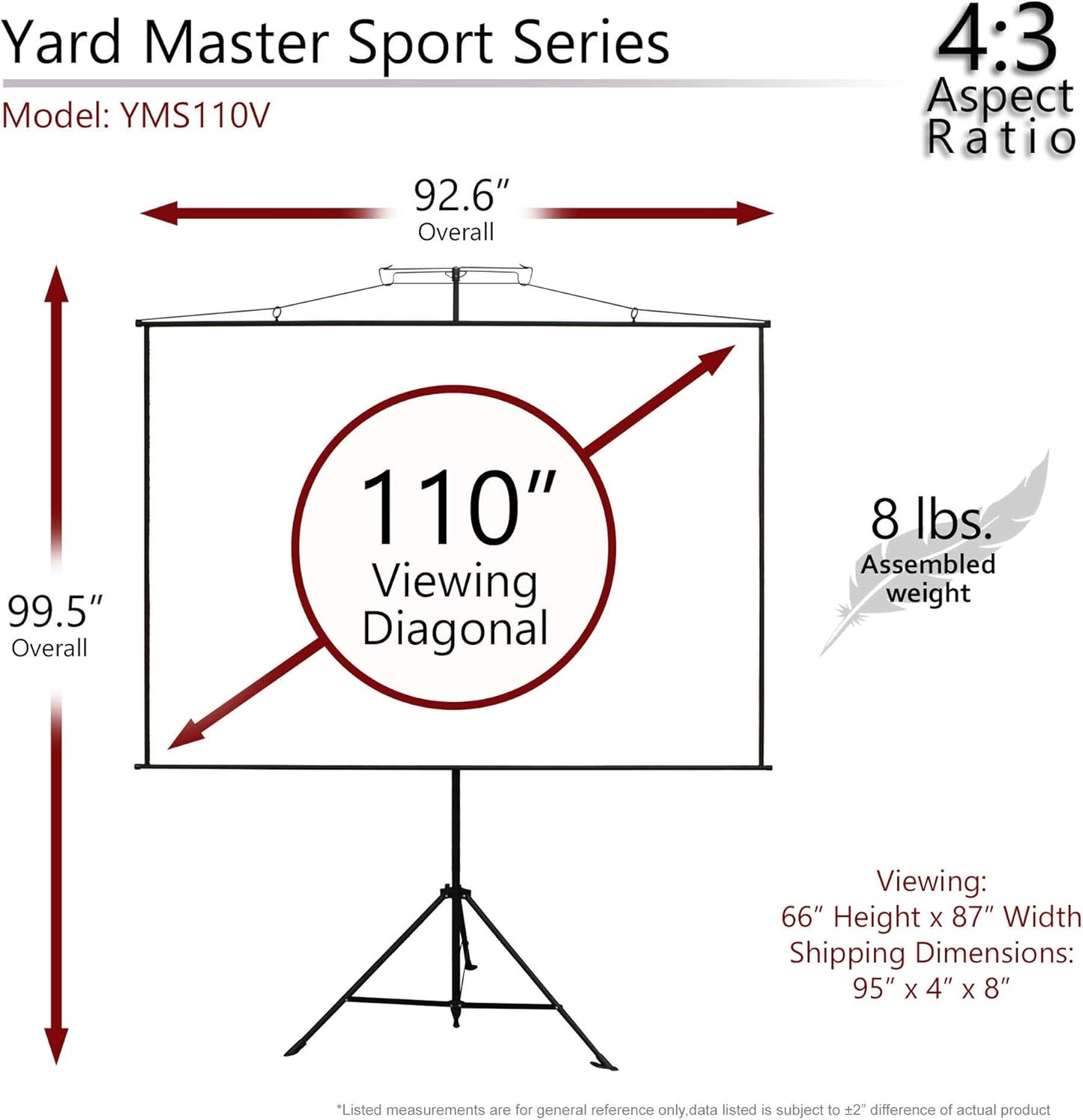 Elite Screens Yard Master Sport, 110-Inch Portable Projector Screen, Dual Tripod/Wall Hanging 2-in-1 Design, 4:3, MaxWhite 1.1 Gain, 180 Degrees, 4K Ultra HD & 3D Ready, Indoor/Outdoor w/ Carry Bag