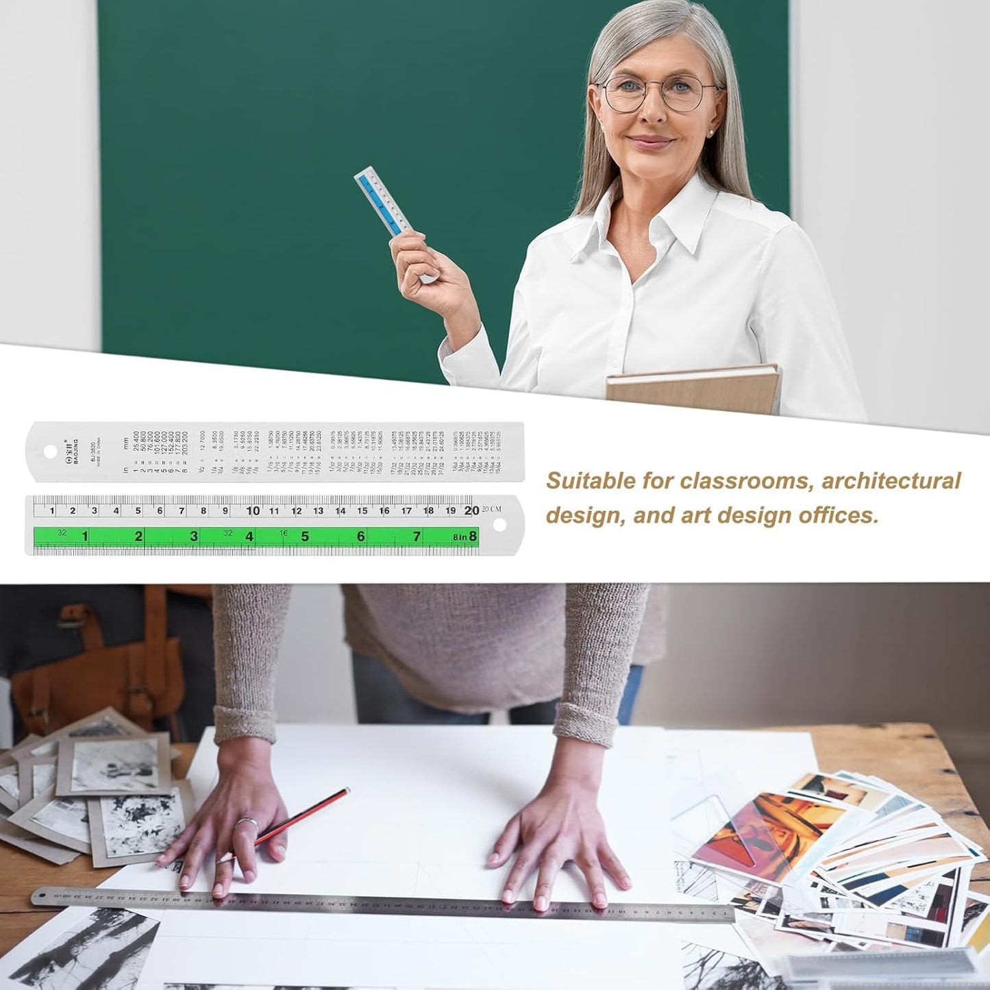 HARFINGTON 2pcs Metal Straight Ruler 20cm Metric SAE Aluminum Alloy Measuring Rulers Scale Tool with Hole for Measure Study Reading Classroom Office, Green