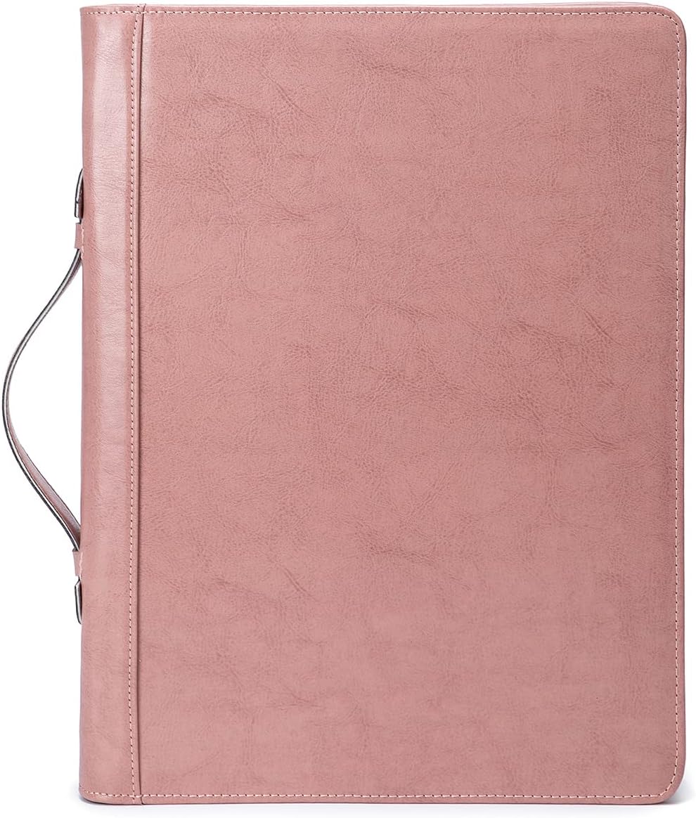 Vegan Leather Portfolio 3 Ring Binder with Clipboard, Hidden Handle, 8.5 x 11 Zippered Padfolio, Business Organizer Professional Executive Folio for Women, Pink