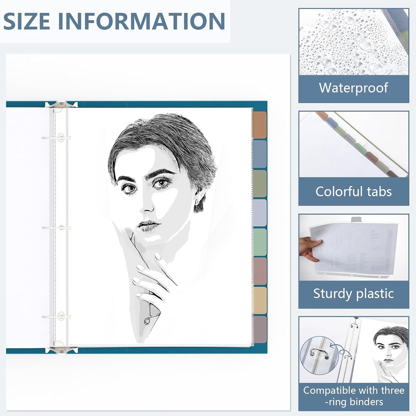 8 Set of 64 Pack Clear Binder Sheet Protectors for 3 Ring Binder Plastic Page Protector with 8 Tabs,Insertable Index Page Divider 8.5x11 Inch（Boho Color）