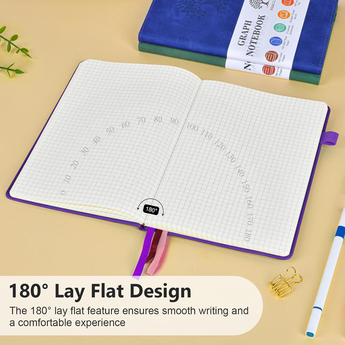 Graph Paper Notebook, 160 Pages Grid Journal for women & men, A5 Hardcover Leather Graphing Notebook for School, Work, Travel, Note Taking 5.9”x8.5” (Purple)