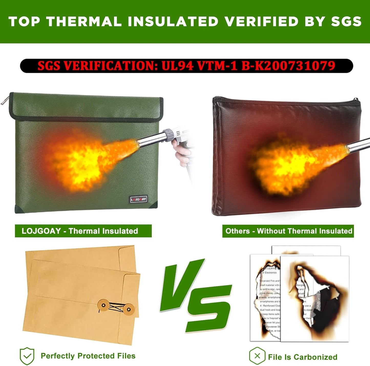 Waterproof Fireproof Document Bag - 5200°F with Heat Insulated, fireproof bags with Zipper, Fire Safe Envelope Bag for Cash/Important Documents/Valuables, fire proof money bag (Green, 13.9"x10.6")