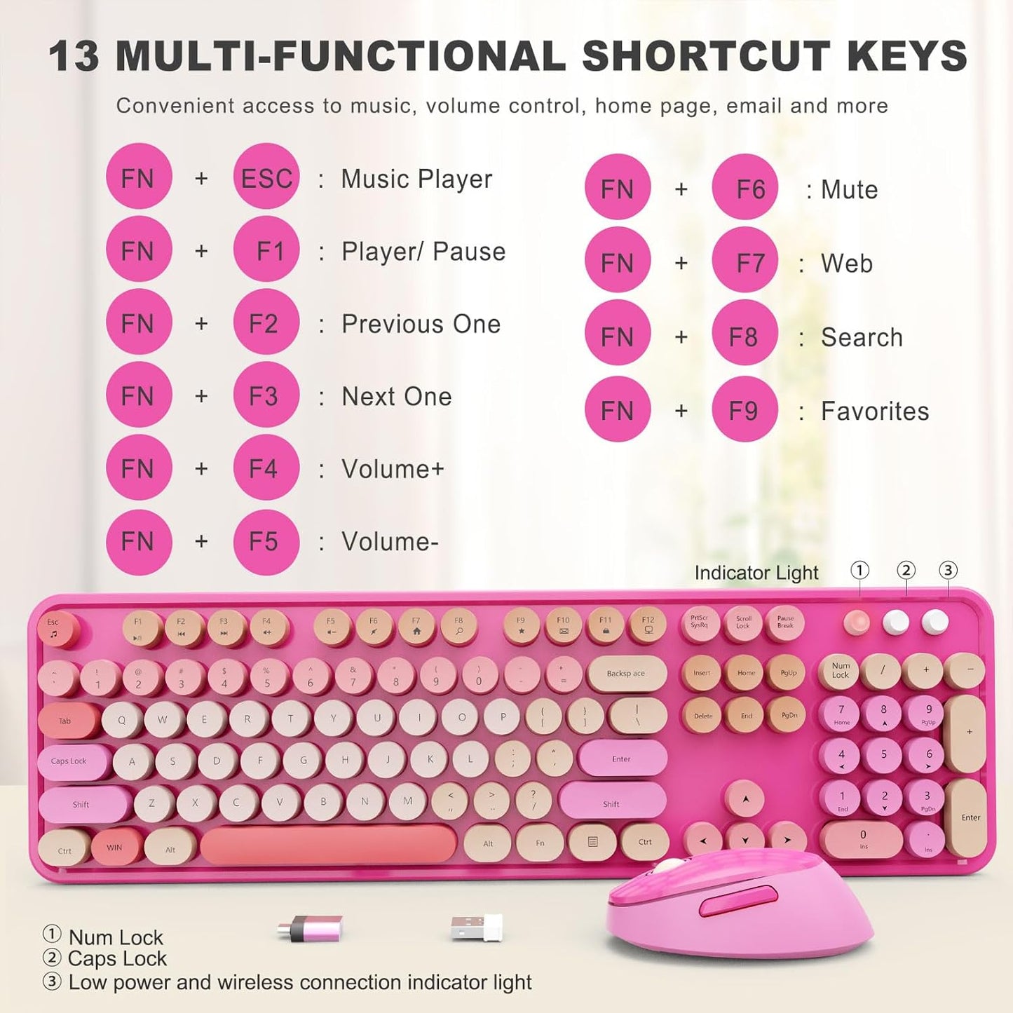 Wireless Keyboard and Mouse Combo, Ergonomic Full Size Typewriter Retro Round Keycaps Keyboard, Compatible with Windows, PC, Perfer for Home and Office Keyboards （Red）