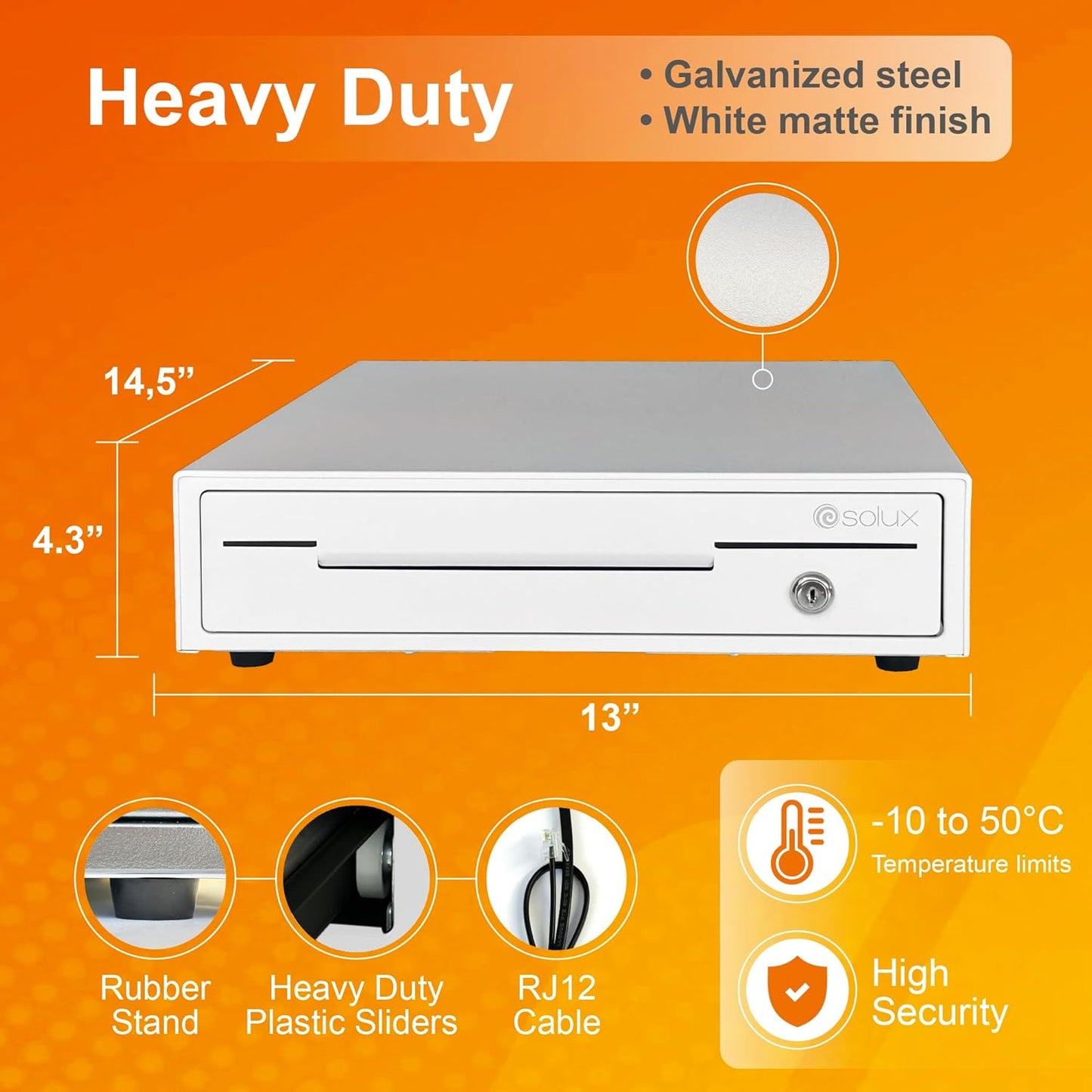SOLUX 13" Cash Drawer - Cash Registers - Cash Register Drawer for POS - Square Cash Drawer for Small Businesses - Removable Coin Tray - 24V, RJ11/RJ12-Key Lock 4 Bill - 5 Coin, White