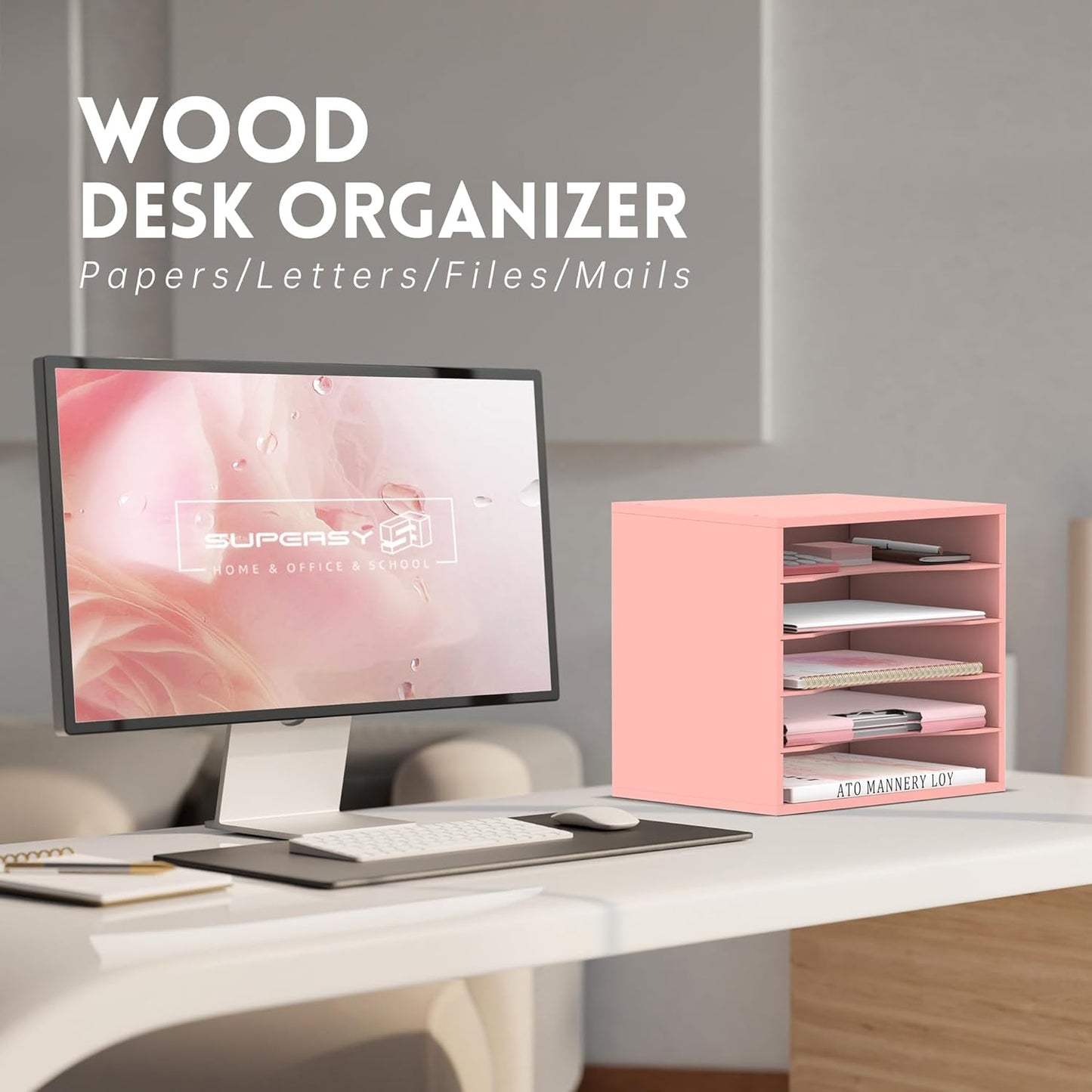 SUPEASY Wood Desk Organizer, 5 Tier Paper File Organizer for Desk, Wooden Desktop Organizer, Paper Letter Literature Mail Sorter, for Office School & Home Organization, Pink