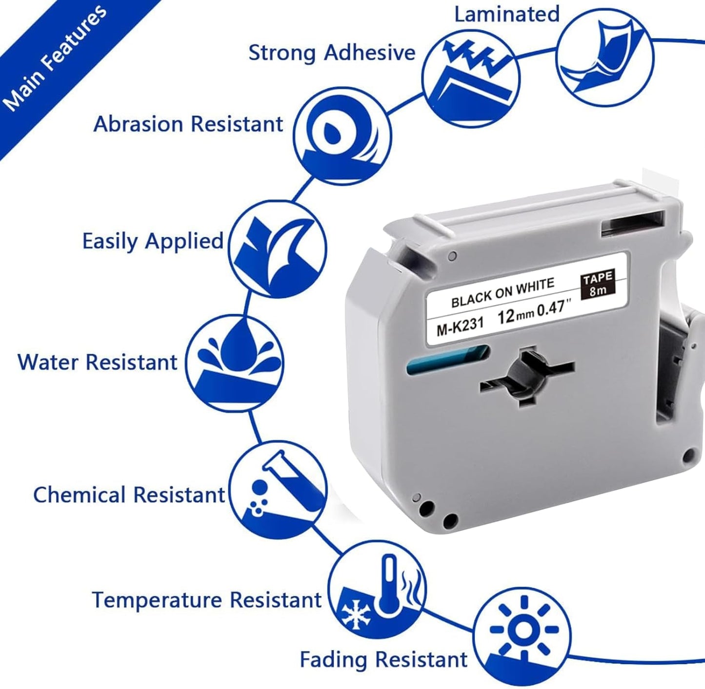 8-Pack MK231 M-K231 Label Tape Replace for Brother P Touch M Tape M-K231S M231 MK231 M-231 12mm 0.47 Inch for Brother PTouch PT-M95 PT-65 PT-80 PT-70 PT-45 PT-90 Label Makers