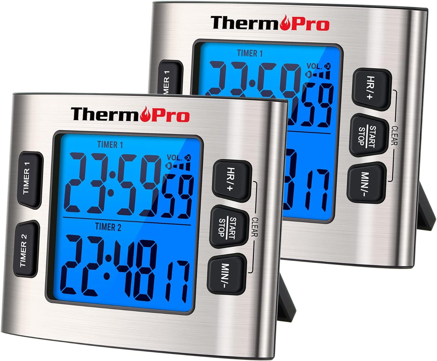 ThermoPro TM02 Digital Kitchen Timer - Dual Countdown Function with Magnetic Backing, Adjustable Alarm & Backlit LCD Display, Ideal for Cooking, Baking and as 24-Hour Shower Clock for Kids