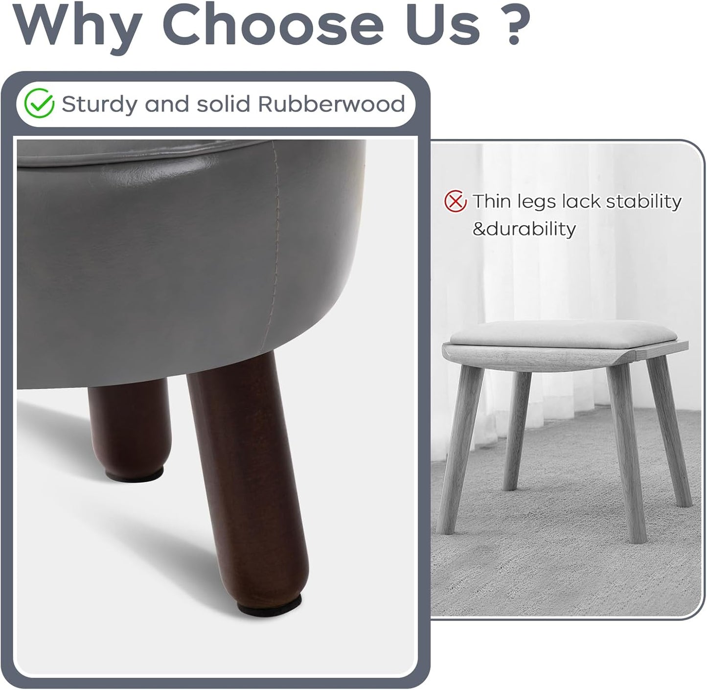 Ottoman, Small Foot Stool, Round Leather Pouf Ottoman, 13''L x 13''W x 10.2''H Foot Rest with Non-Skid Rubber Legs for Living Room Bedroom Couch Entryway, Grey