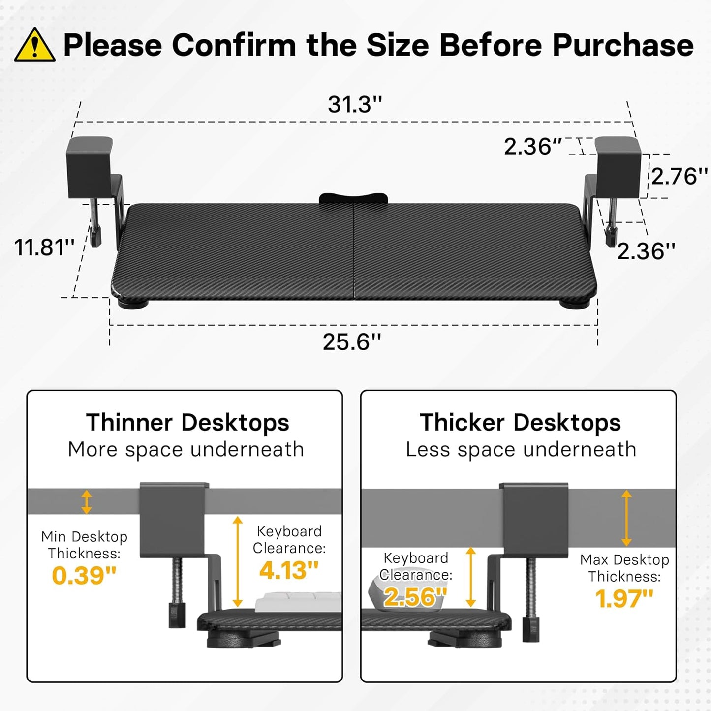 BONTEC KMT01-PJ Under Desk Keyboard Tray, Pull-Out Keyboard & Mouse Platform with C-Clamp, 20 x 11.8 in Space-Saving Ergonomic Slide-Out Drawer, Black Carbon Fiber