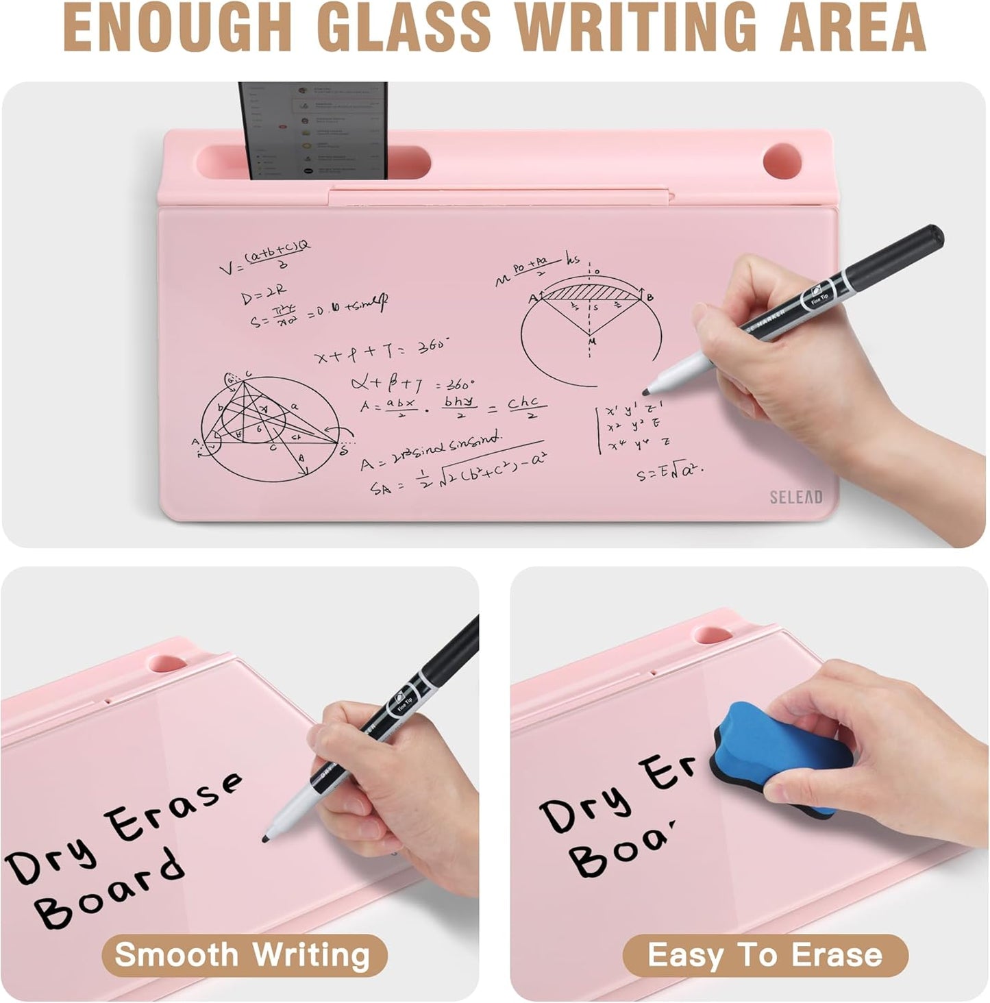 SELEAD Desktop Glass Whiteboard with Storage, Small Dry Erase White Board Computer Pad Keyboard Stand for Home, School, Office Desk Accessories - Pink