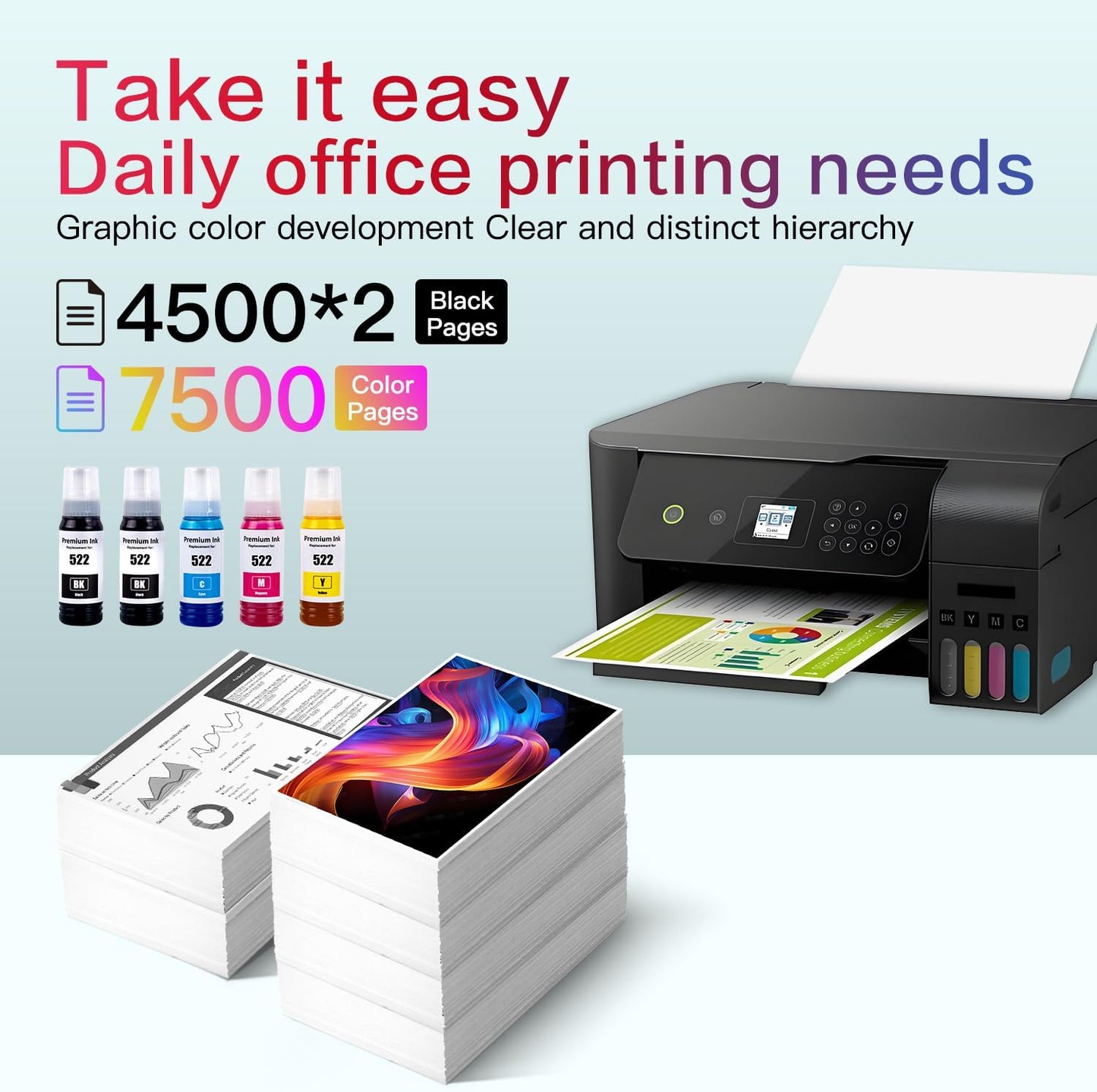 Compatible with Epson 522 Premium Ink Refill Bottles, Non Sublimation Ink Suitable for ET-2803 ET-2800 ET-2720 ET-4800 ET-2400 Printing (5 Bottles)