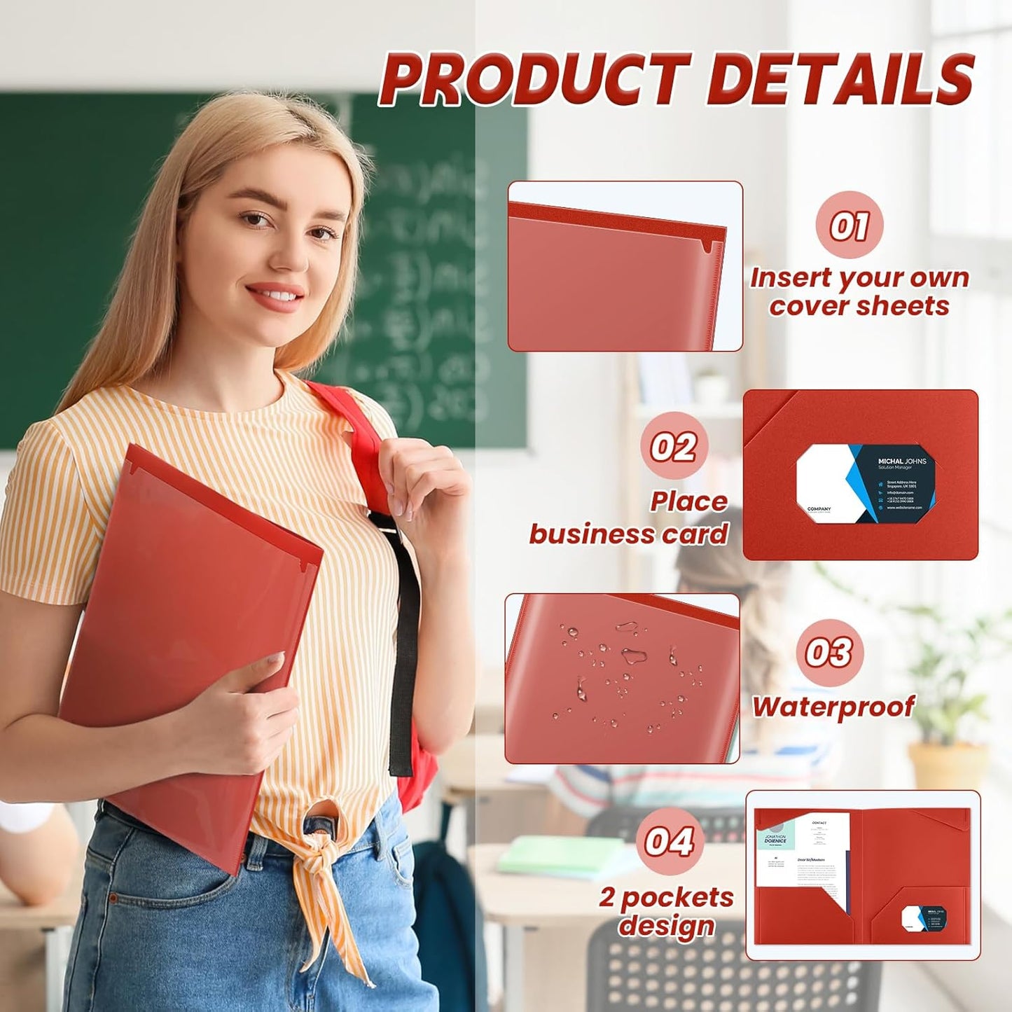Henoyso 36 Pcs Plastic Folders with Clear Front Pockets Heavy Duty File Folders with 2 Pockets and Card Slot for Student Communication School Office Presentation Report (Red)