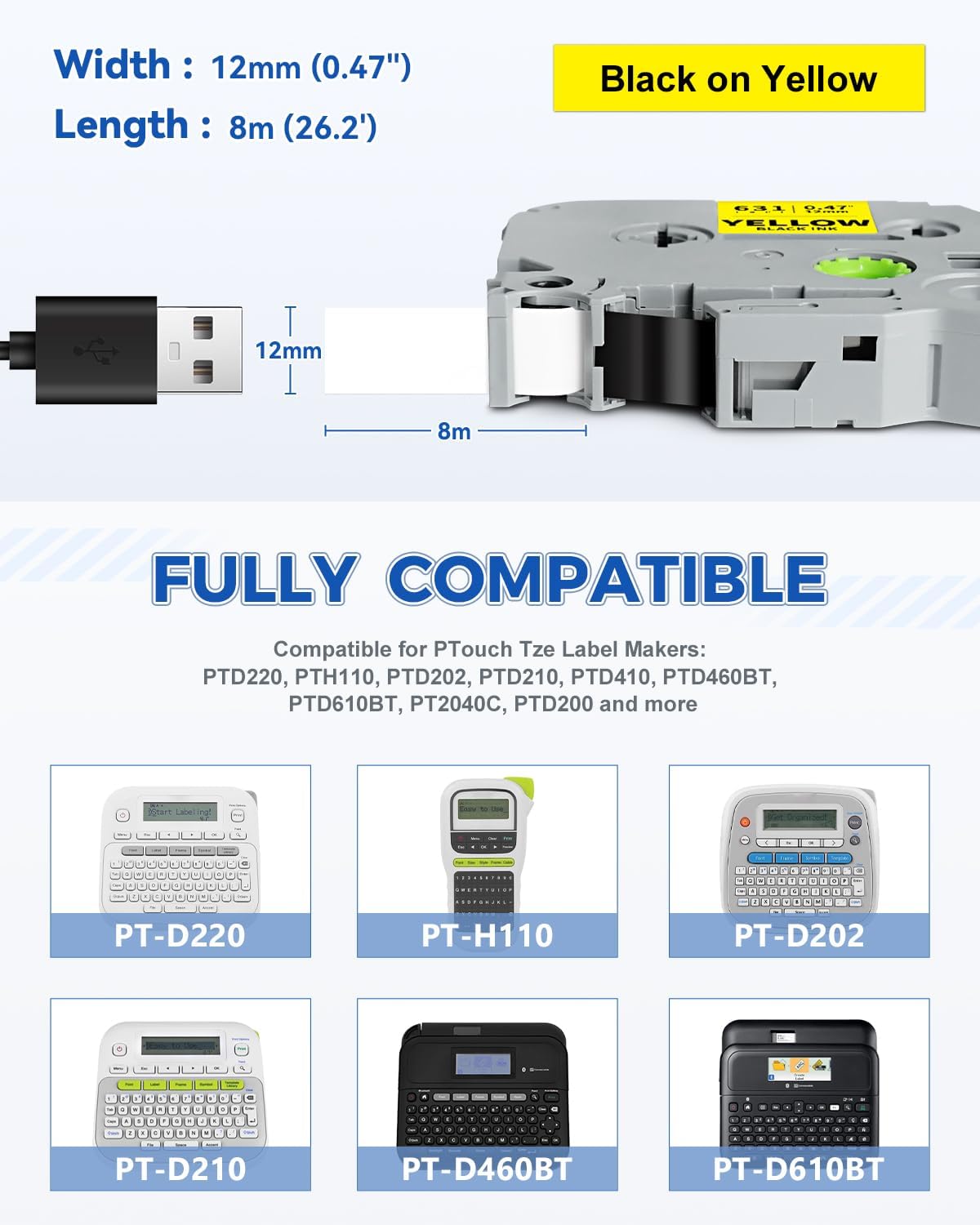 Tze631 12mm 0.47" Laminated Yellow Tape Compatible for Brother Tze-631 Tz-631 P Touch Tz Tze Label Tape 12mm 1/2" Black on Yellow for PTD210 PTD220 PTD400 PTD600 PTD610BT Label Maker, 4-Pack