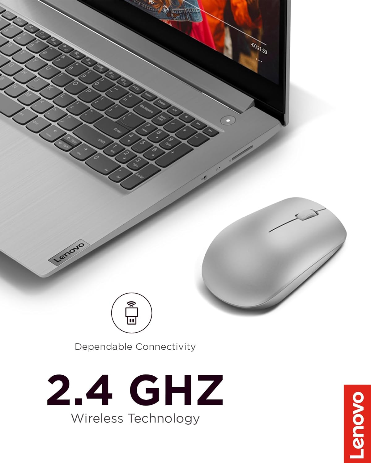 Lenovo 530 Full Size Wireless Computer Mouse for PC, Laptop, Computer with Windows - 2.4 GHz Nano USB Receiver - Ambidextrous Design - 12 Months Battery Life - Platinum Grey
